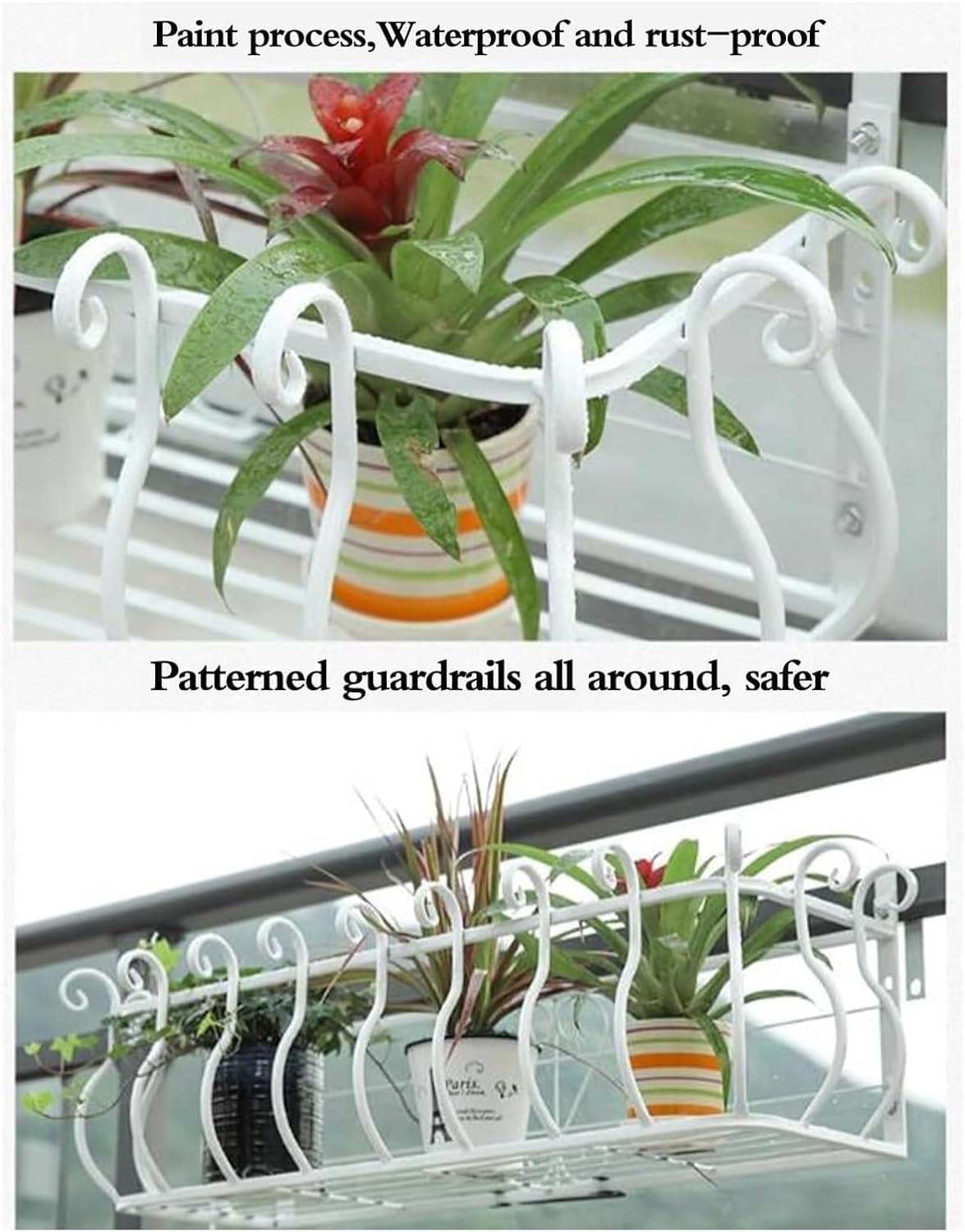 Railing Planter Box, Fence Planters with Hooks, Hanging Plant Stand for Window Sill & Guardrail, Round/Square Potted Plant Holder (Black, 60x28x22cm)
