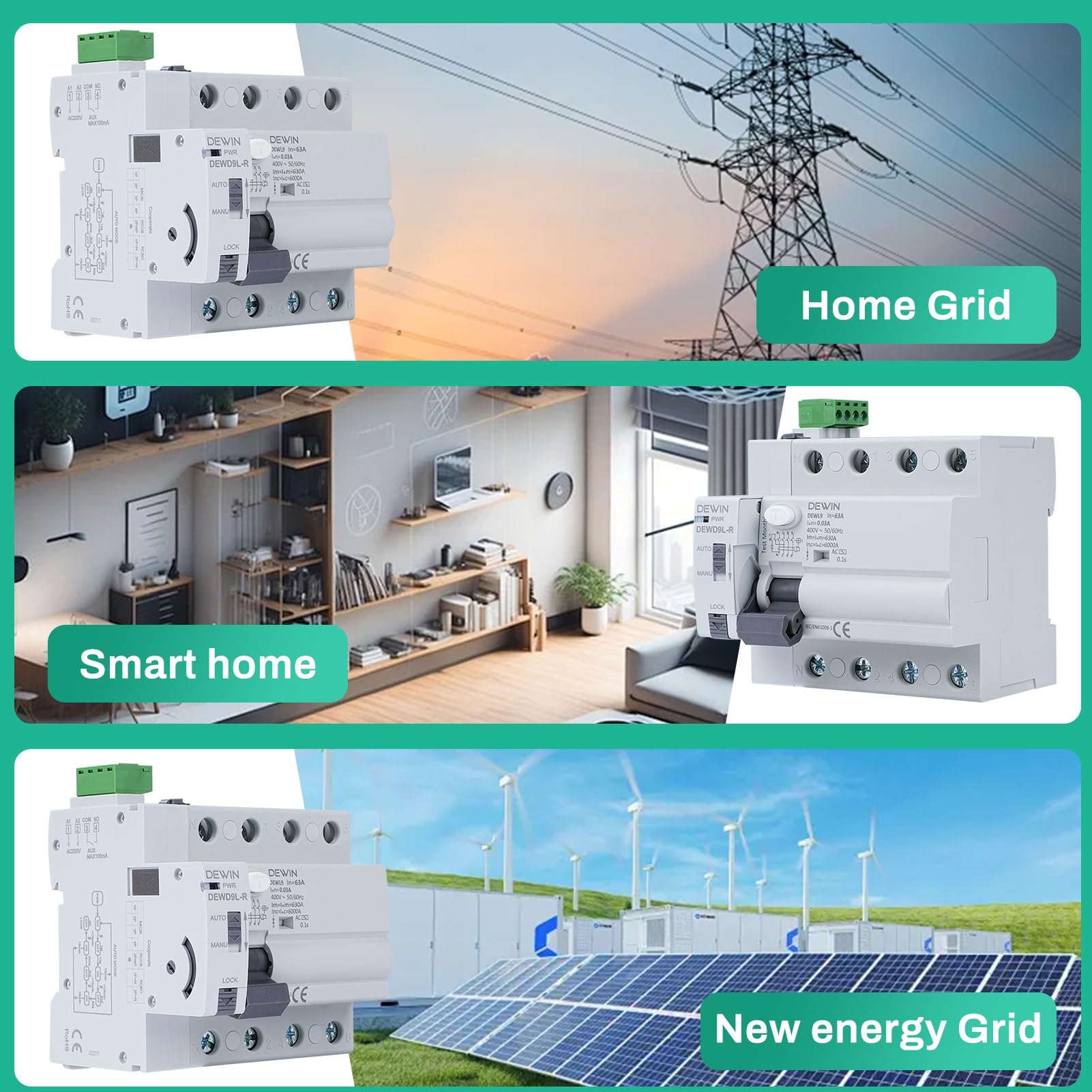 DEWIN FI-Schutzschalter mit Automatische Wiedereinschaltung, DEWD9L-R RCCB Automatisches Wiedereinschaltgerät Leistungsschalter Smart Breaker 4P 63A 30mA AC 400V