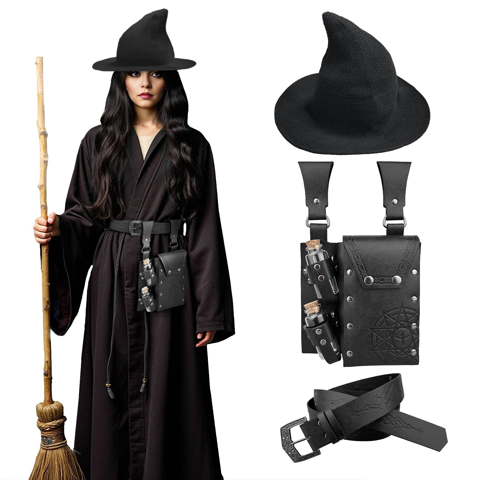 HiiFeuer Medieval Faux Leather Alchemy Set, Witch Pointed Hat for Women Fantasy Wizard Belt with Potion Vials Waist Pouch (Black B)