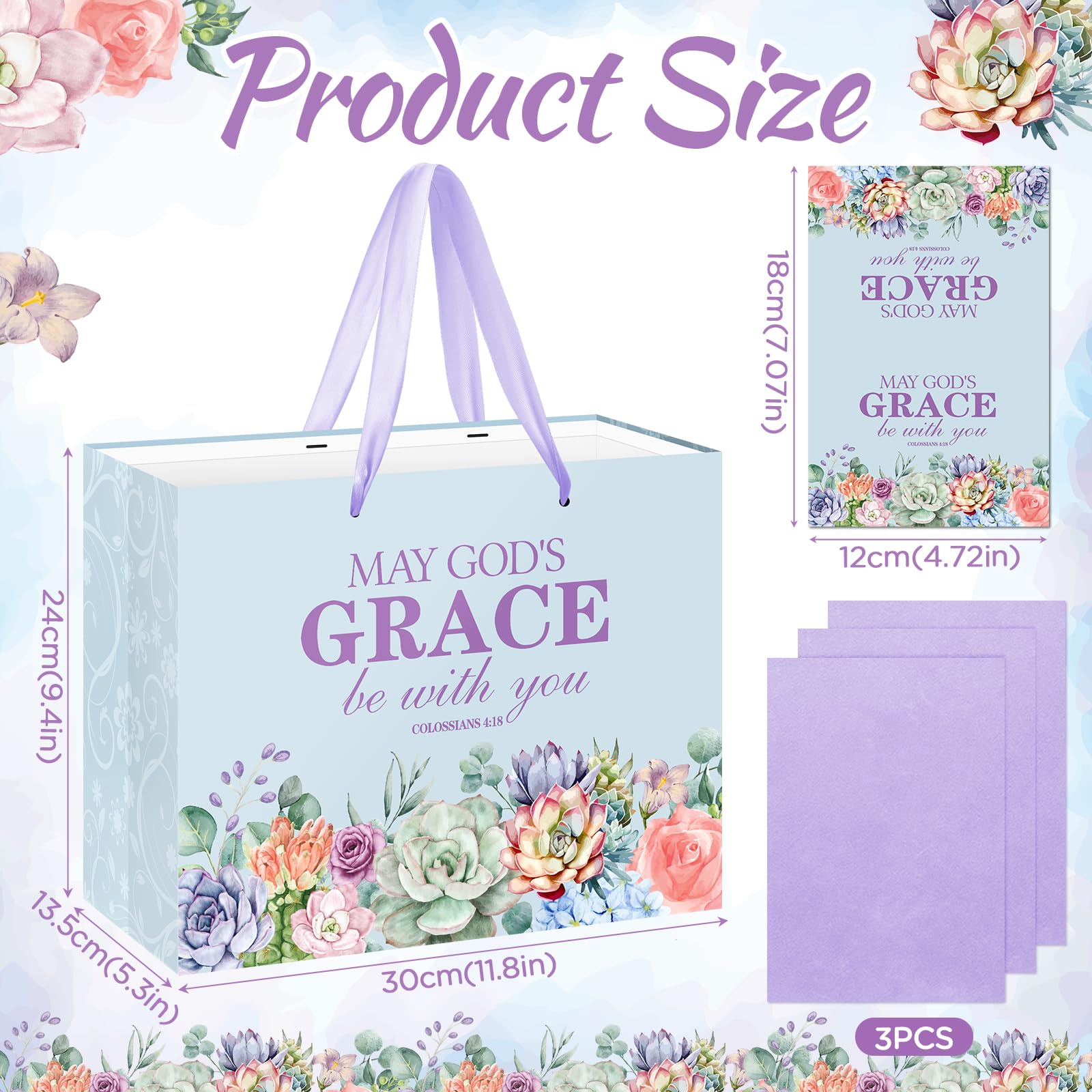 Christian Art Gifts Bag with Card & Purple Tissue Papers,Scripture Gift Bag,May God's Grace Be With You Scripture Gift Bag with Bible Verse for Mother's Day,Baptism,Wedding,Christian Goodie Treat Bag
