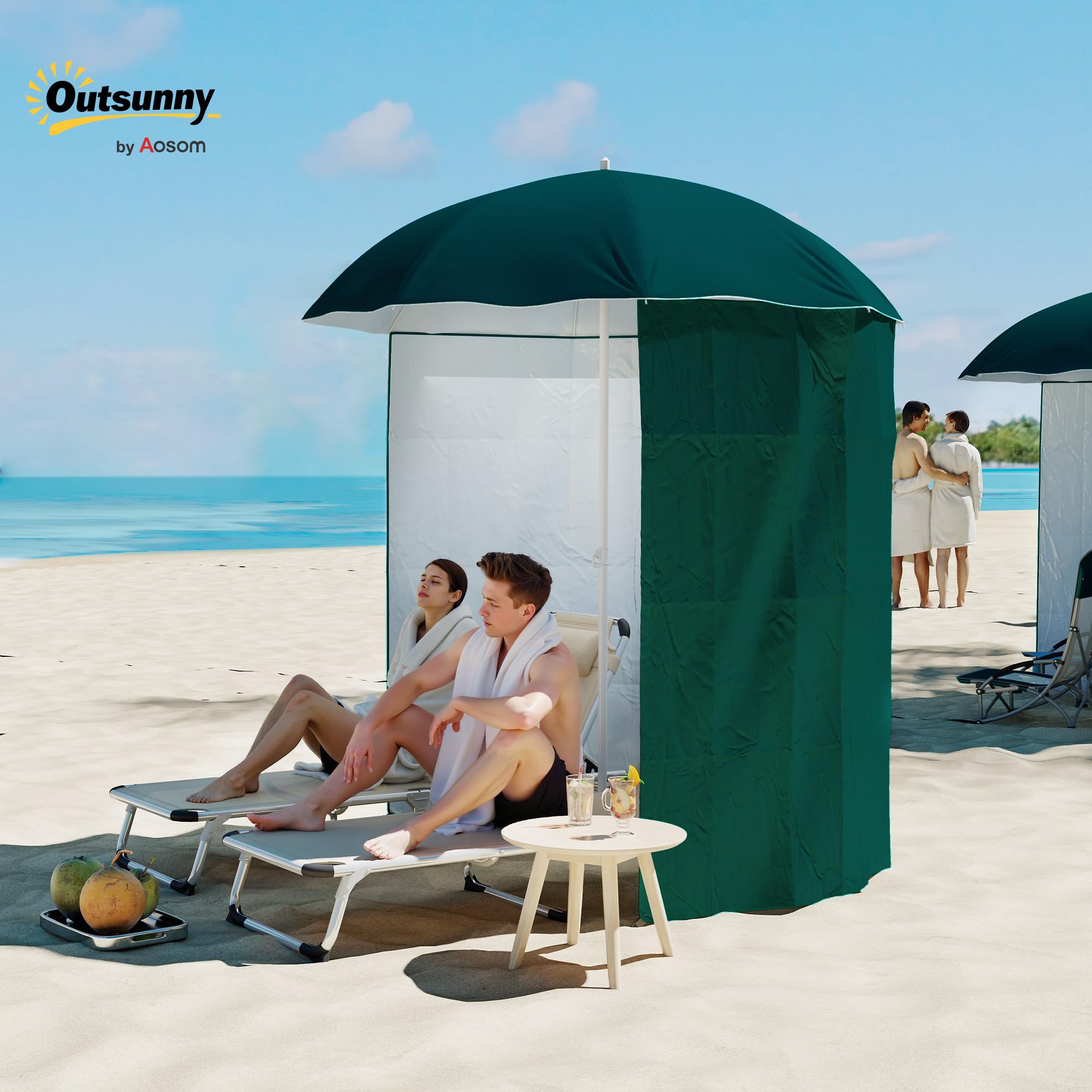 Outsunny Ombrellone da Spiaggia Ø2.2x2.2 m con Tendina Laterale, Sacchi per Sabbia e Picchetti