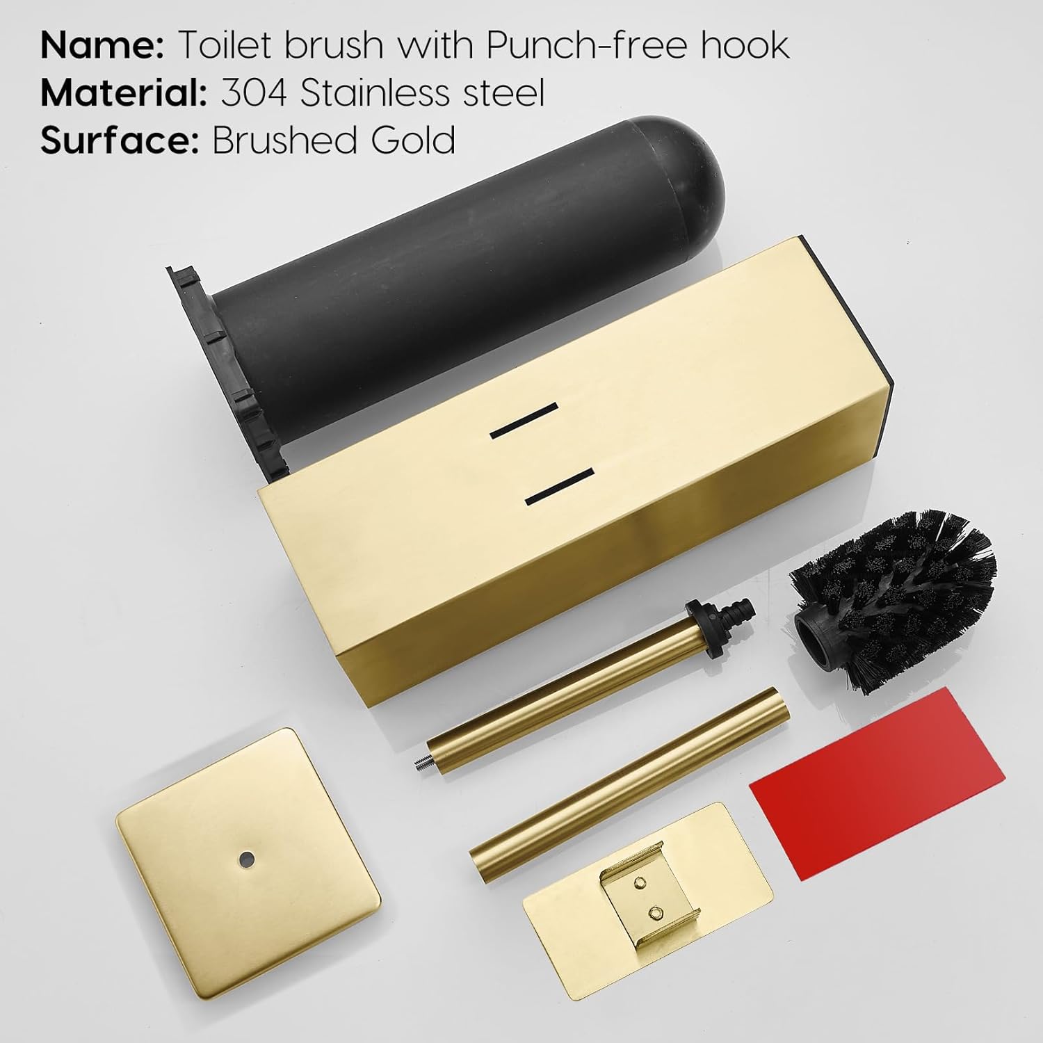 Brushed Gold Stainless Steel Toilet Brush, Square No-Punch Hook Base Toilet Brush Holder Removable Inner Bucket and Splash Proof Cover - Soft Bristles (No Drill Square Metal Cap Gold)