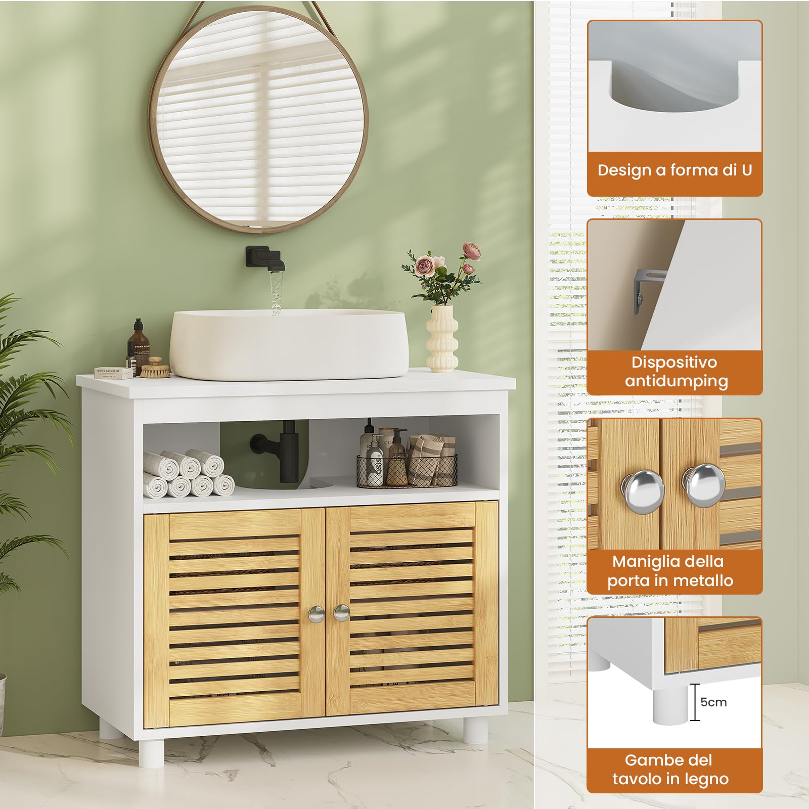 Waschbeckenunterschrank, Badschrank Unterschrank mit Doppeltüren aus Bambus, EIN offenes Fach, Badezimmerschrank, Waschtischunterschrank, 60 x 30 x 60 cm