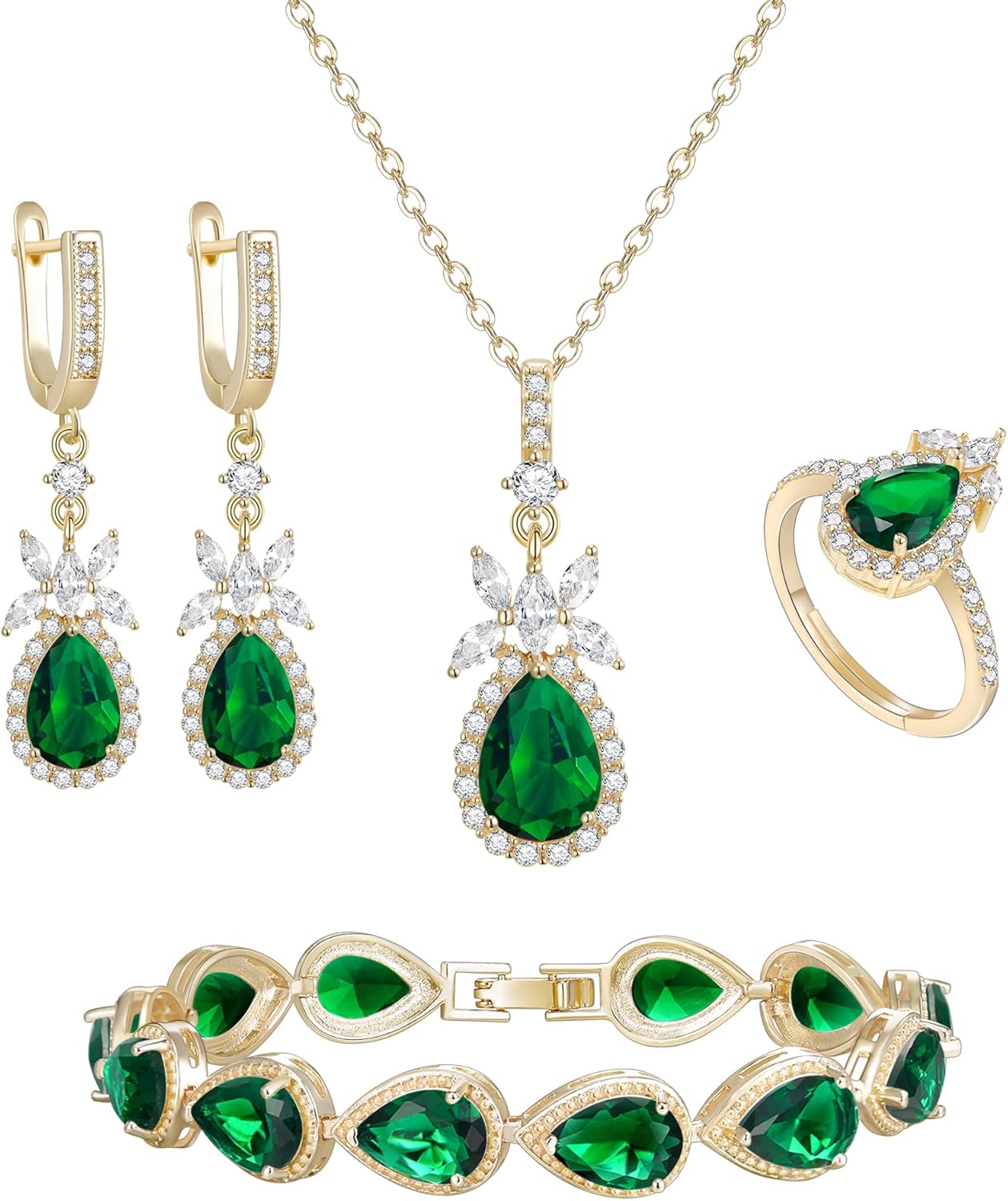 EleQueen Water Drop Pendant Necklace Long Dangle Earrings Tennis Bracelet Set, Sparkle Cubic Zirconia Teardrop Wedding Jewelry Sets for Bride Bridesmaid