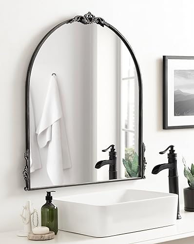 Miniatura 3 de Kate and Laurel Espejo arqueado tradicional Myrcelle 30 x 32 negro espejo de arco grande decorativo con detalles de guirnalda ornamentada a lo largo