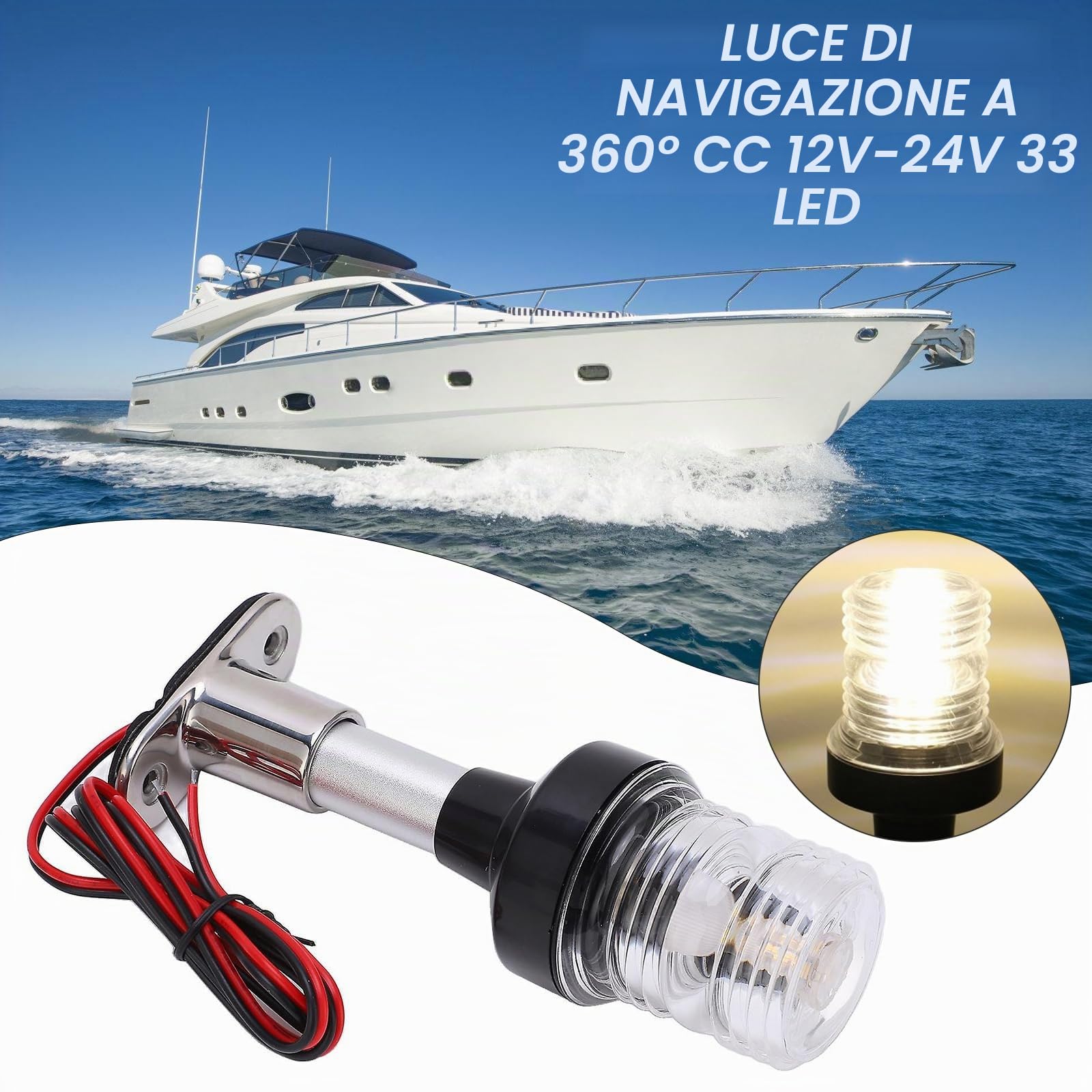 Luce di ancoraggio per barca, 12 V-24 V, luce di segnalazione per vela, luce di ancoraggio regolabile in acciaio inox, accessorio per barche da yacht
