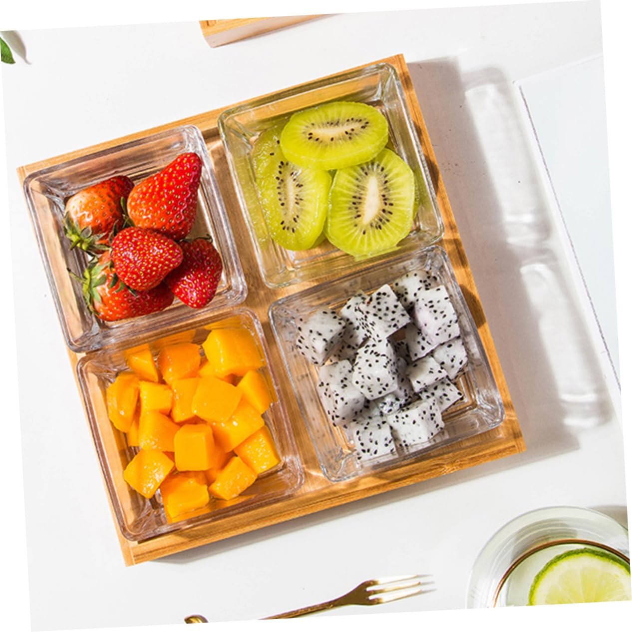 POPETPOP Plateau de Service Support en Bois Design Compartimenté Rangement Ordonné en Verre Divisé 1 Set Couleur Aléatoire pour Snacks et Noix pour Fruits Secs et Apéritifs