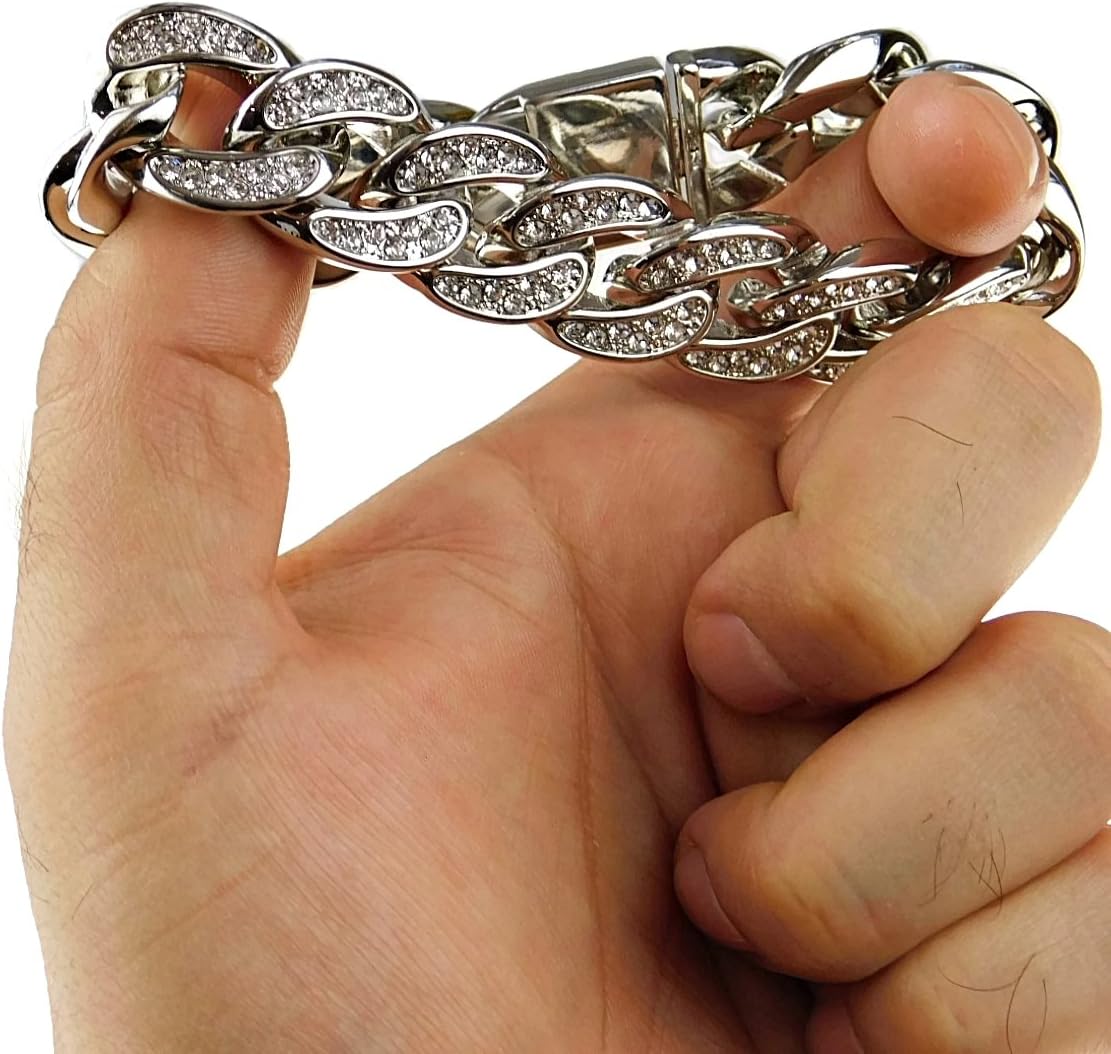 Mens Hip Hop Bracelet Iced Bling Silver Tone Cuban Link 8.5" Inch x 18 MM Wide