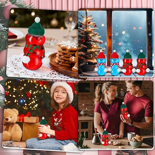 Miniatura 4 de PRETYZOOM 10 juegos de botellas de jugo de muñeco de nieve con tapa, tarro de plástico transparente de Navidad con bufandas de punto, sombreros