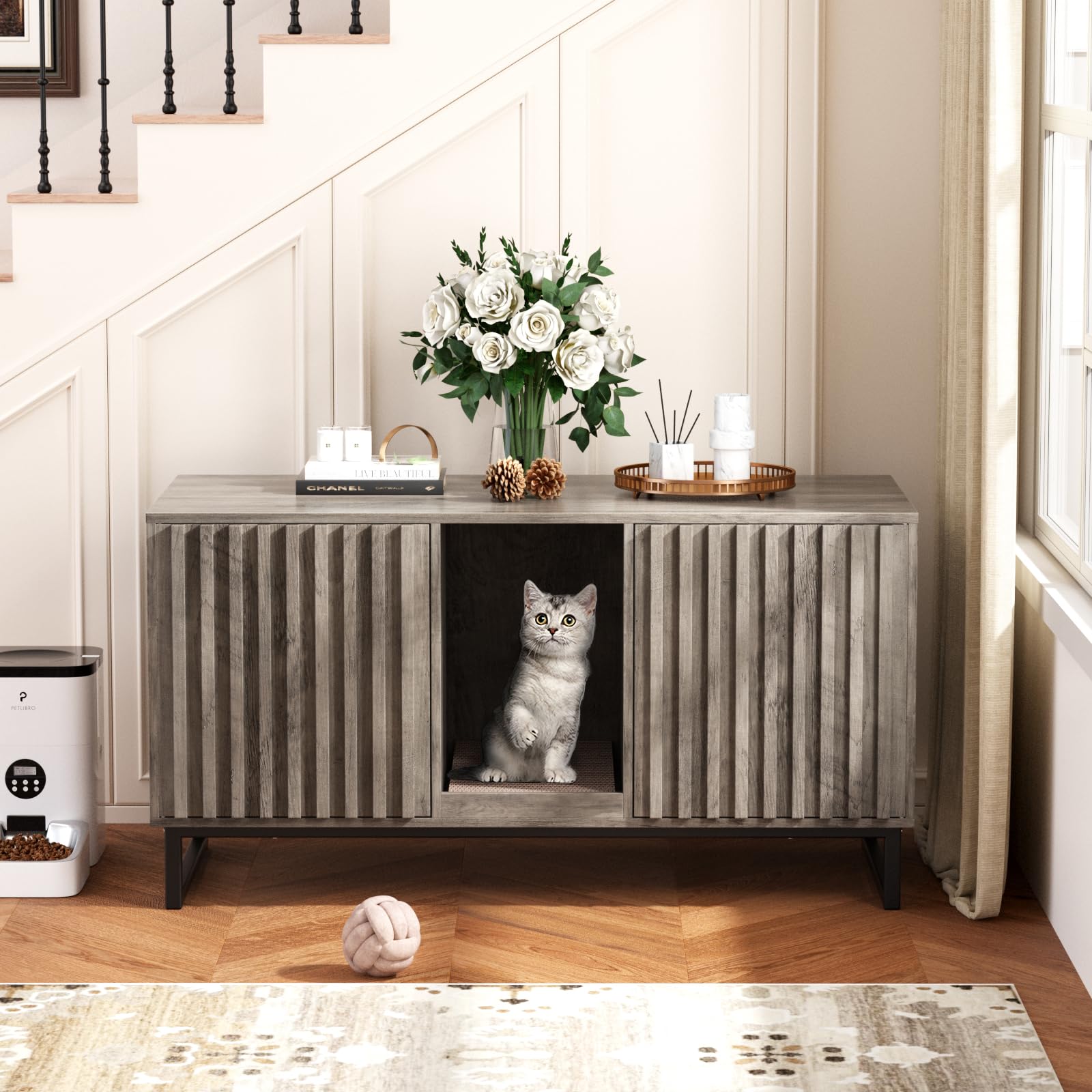 Double Litter Box Enclosure,Modern Cat Litter Box Enclosure for 2 Cats, Hidden Litter Box with Scratch Pad, Cat Washroom Pet House End Table, Entryway