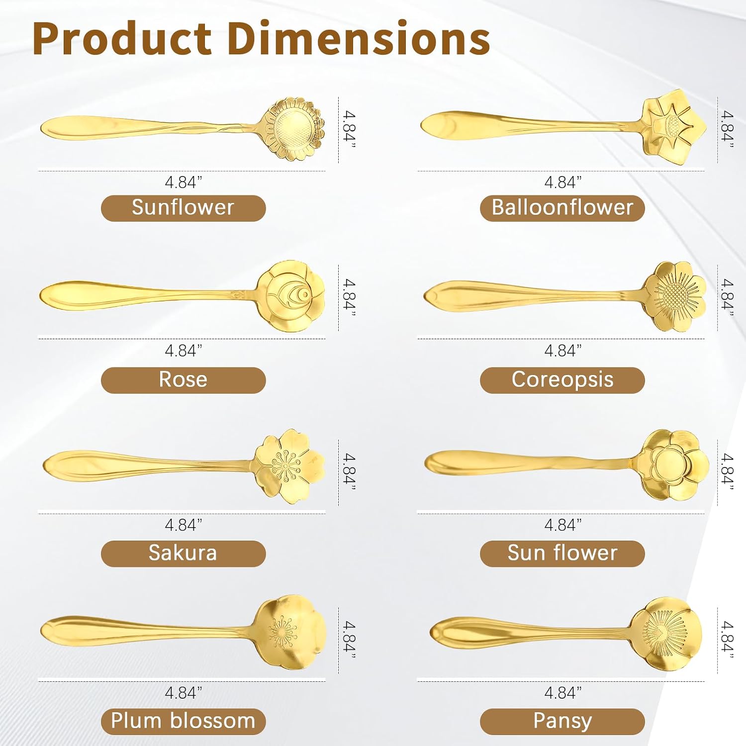 Decorative Mini Spoons Set, 40-Piece Stainless Steel Tea Coffee Spoons, 8 Flower Styles, Gold