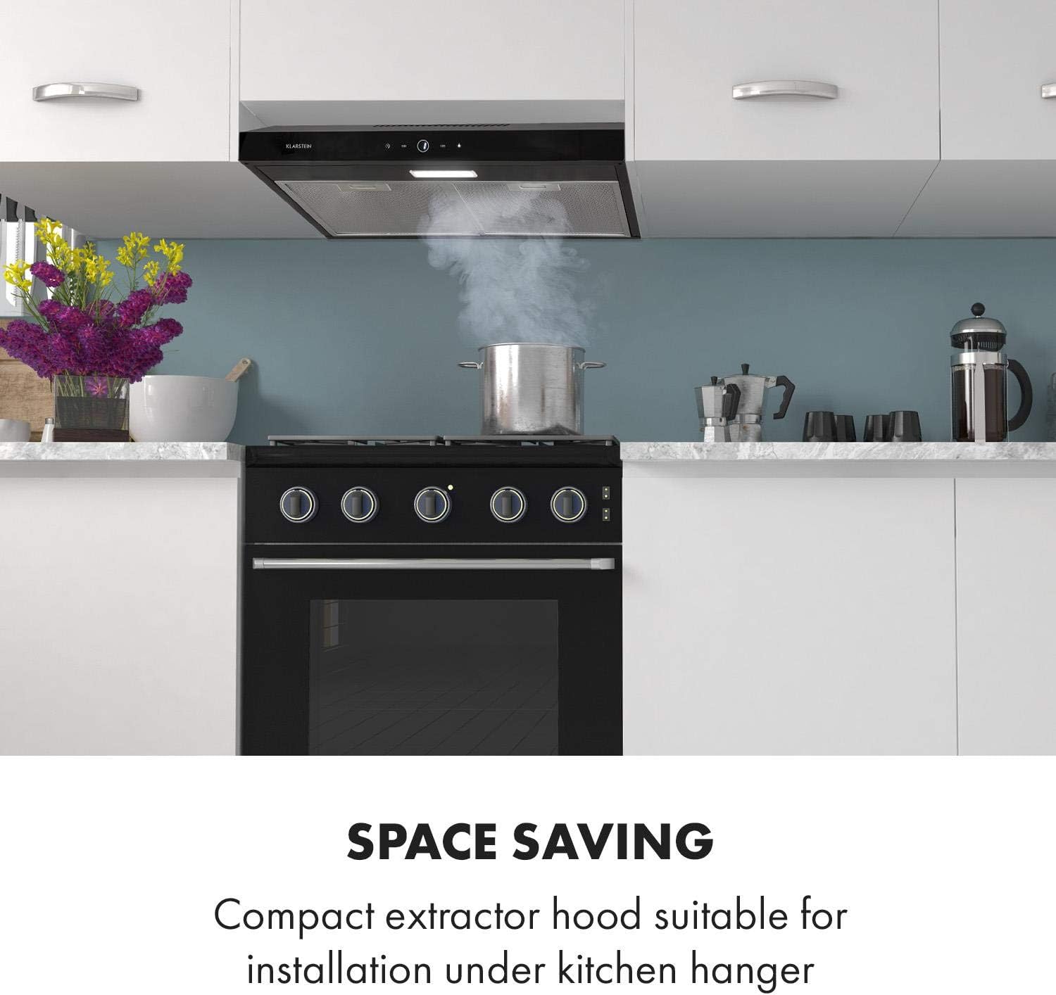 KLARSTEIN Contempo Neo - Under-Mounted Cooker Hood Extractor, Recirculation Width 90 CM, Maximum Exhaust Power 175 m³/h, SenseControl, Integrated Touch Control, LED Cooker Lights, Elegant Design