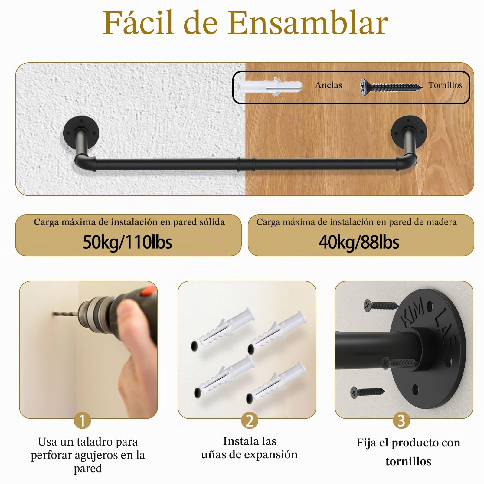 Yawinhe Perchero de Pared Industrial, 80cm, Barras de Suspensión para Ropa, Ahorro de Espacio, Desmontable, para Dormitorio, Sala de Estar, Negro, 2-Pack