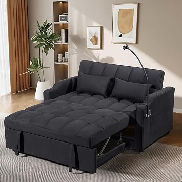Antetek Sleeper Sofa Couch Bed with USB & Type C Port, Modern 3-in-1 Convertible Velvet Pull Out Loveseat Futon Sofa w/Phone Holder for Living Room Apartment, Adjustable Backrest, Black