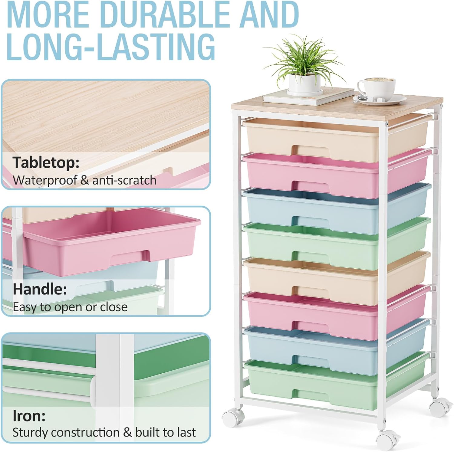Rolling Storage Cart, Rainbow Cart with 8 Drawers and Wooden Tabletop, Teacher Organization for Classroom, Art Cart for Classroom,Office,Bedroom,Rainbow