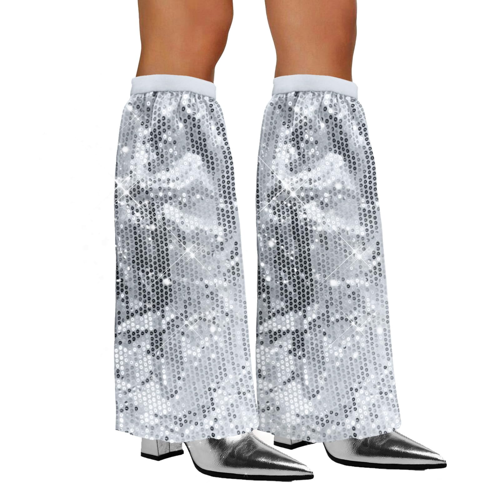 Xerteam 70s Fancy Dress Women, Sparkly Sequins Leg Warmers 70s Disco Fancy Dress Accessories, 1 Pair Retro Disco Silver Sequins Abba Accessories for Women