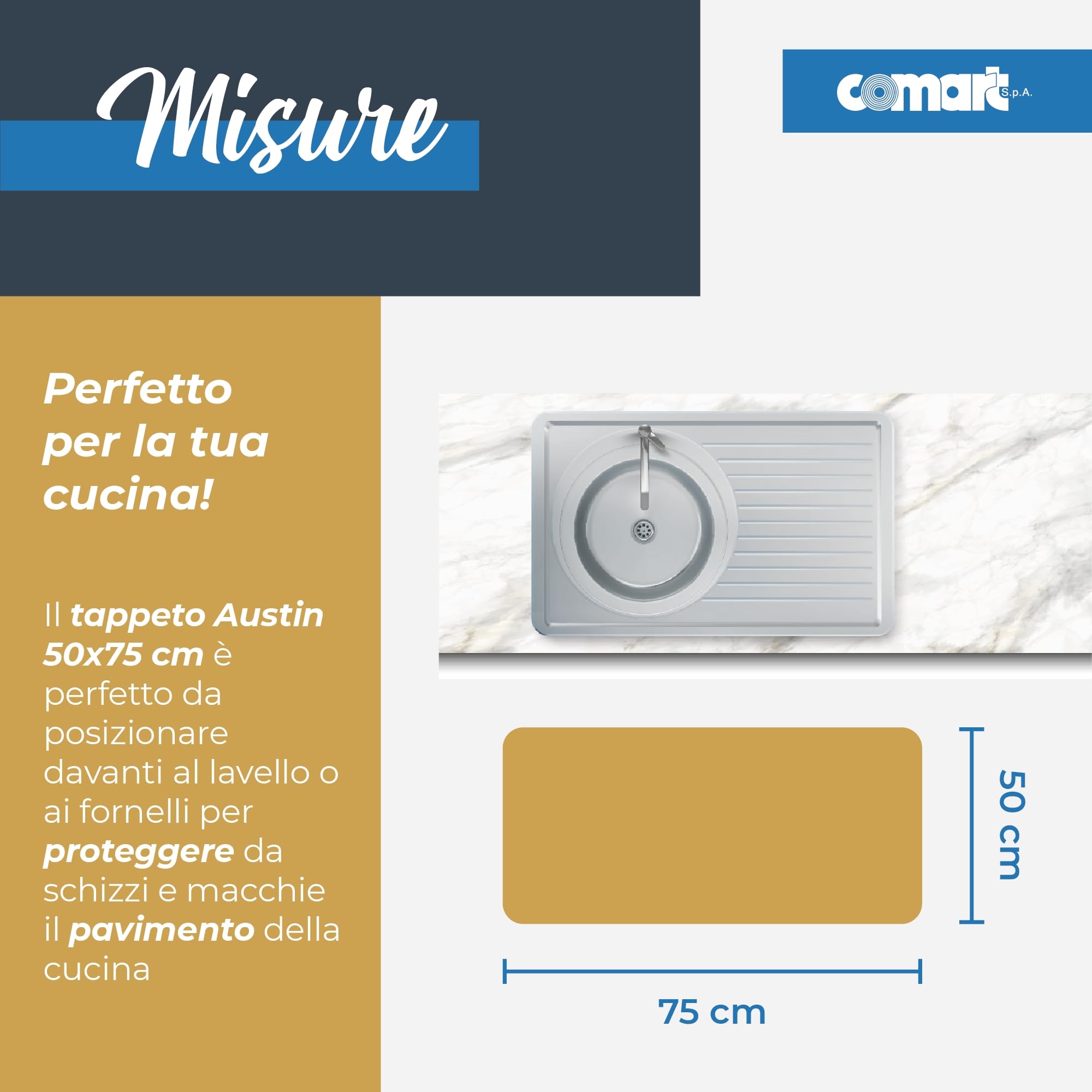 Comart - Tappeto Cucina Austin - Impermeabile - Antiscivolo - Antimacchia - Lavabile in Lavatrice - Passatoia in Poliestere - per Corridoio e Cucina - Made in Italy - Piastrelle Tiles - 50x75 cm