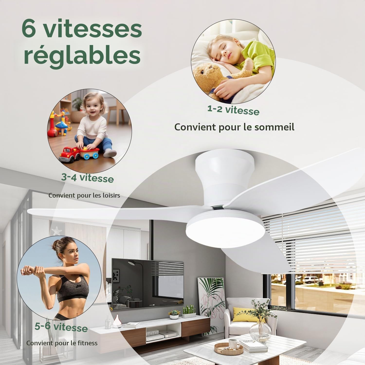100CM Ventilateur De Plafond Avec Lumière Et Télécommande, Plafonnier Ventilateur Design Silencieux 3 Couleur 6 Vitesse Reversible Timer LED, Pour Chambre À Coucher Salon-White