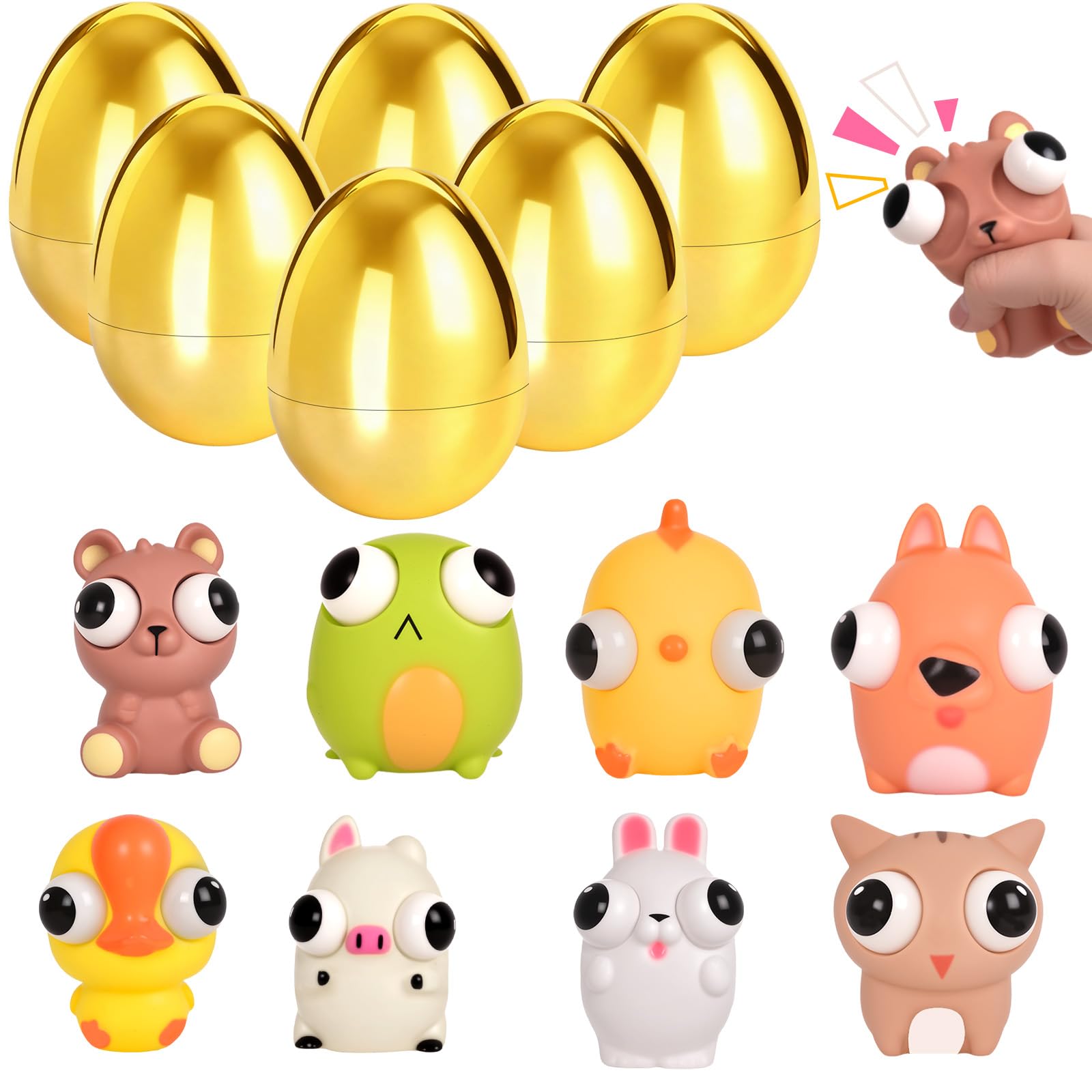 Aurdox 8 Pack Jumbo Golden Easter Eggs Fillers with Popping Eyes Fidget Toys, Squeeze Animals for Stress Relief, Easter Basket Stuffers & Easter Hunt