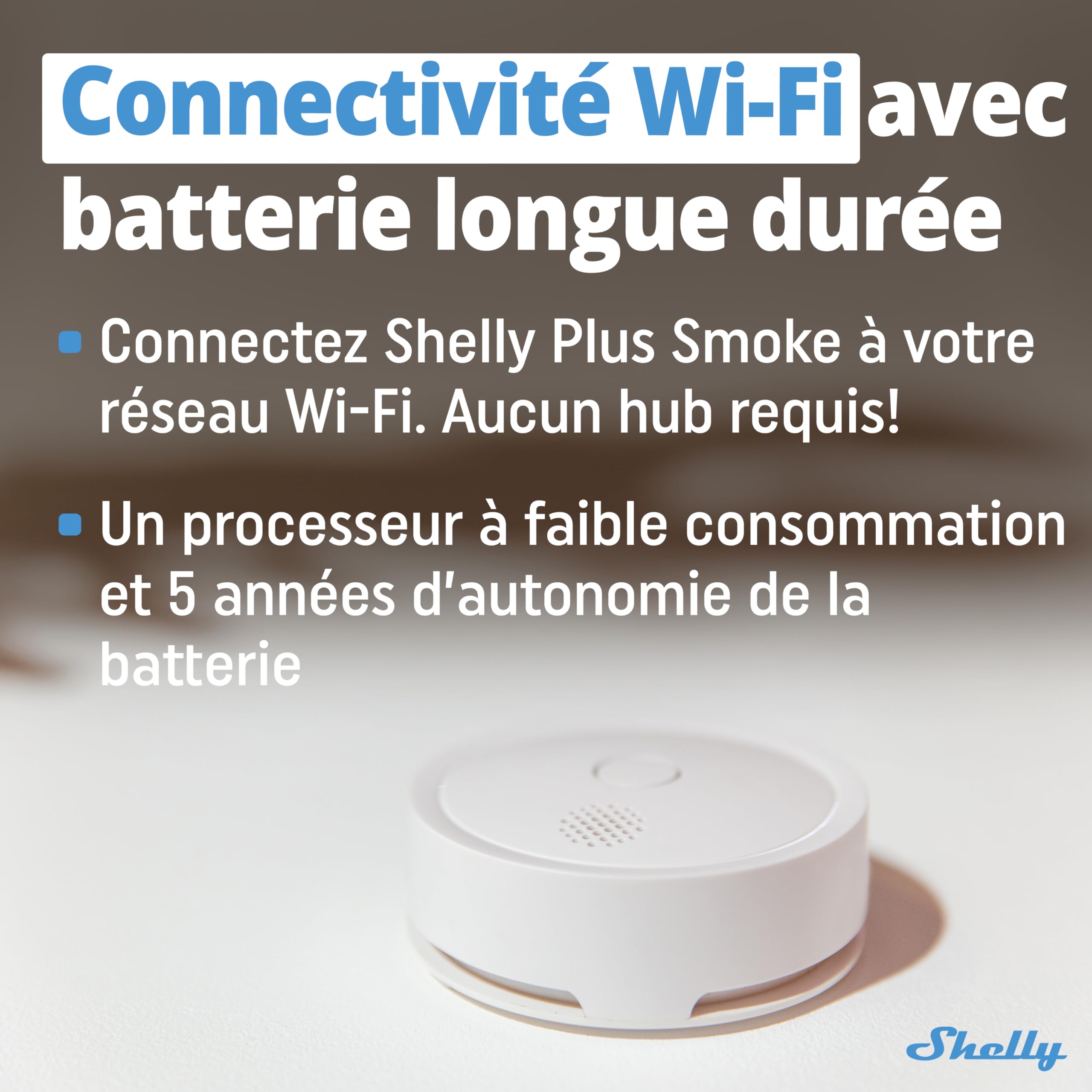 Shelly Plus Smoke Alarm - Détecteur de fumée connecté, Alarme Incendie Wi-FI sonore et Lumineuse, Conforme à la Norme EN14604, Notification app immédiate, Pile 5 Ans remplaçable