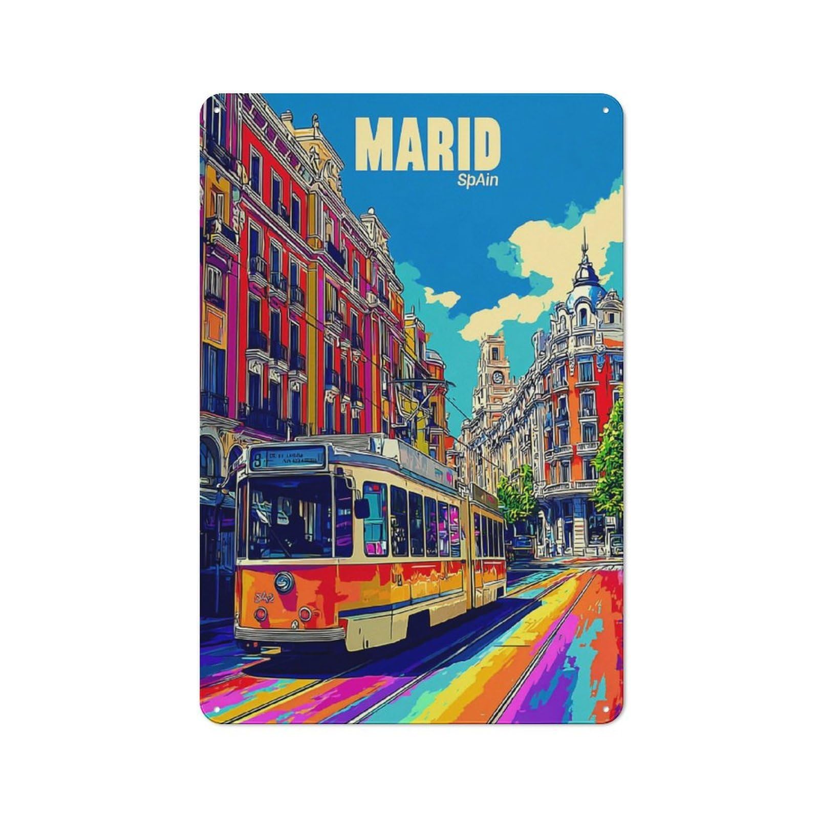 Junmoney Colorful Madrid Street Scene With Tram -3 Rustic Metal Sign 30X20cm For Café Or Restaurant, Suited To Café Owners And Decorators
