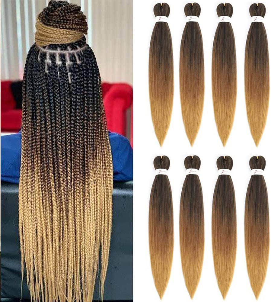 Ombre Pre Stretched Braiding Hair 8 Packs Brown Braiding Hair 26 Inch Easy Braids Hair Yaki Straight Hot Water Setting Synthetic Ombre Braid Hair Extensions for Crochet Hair Braiding Twist(1B/30/27)