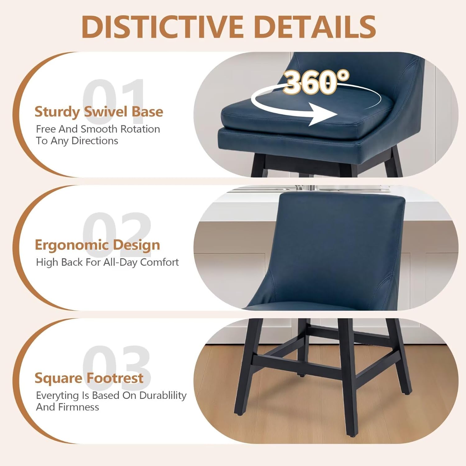 26" Swivel Bar Stool, PU Leather Upholstered Counter Height Barstools with 14.2" High Back, Footrest & 350LB Capacity for Kitchen Island, Home Bar Navy Blue