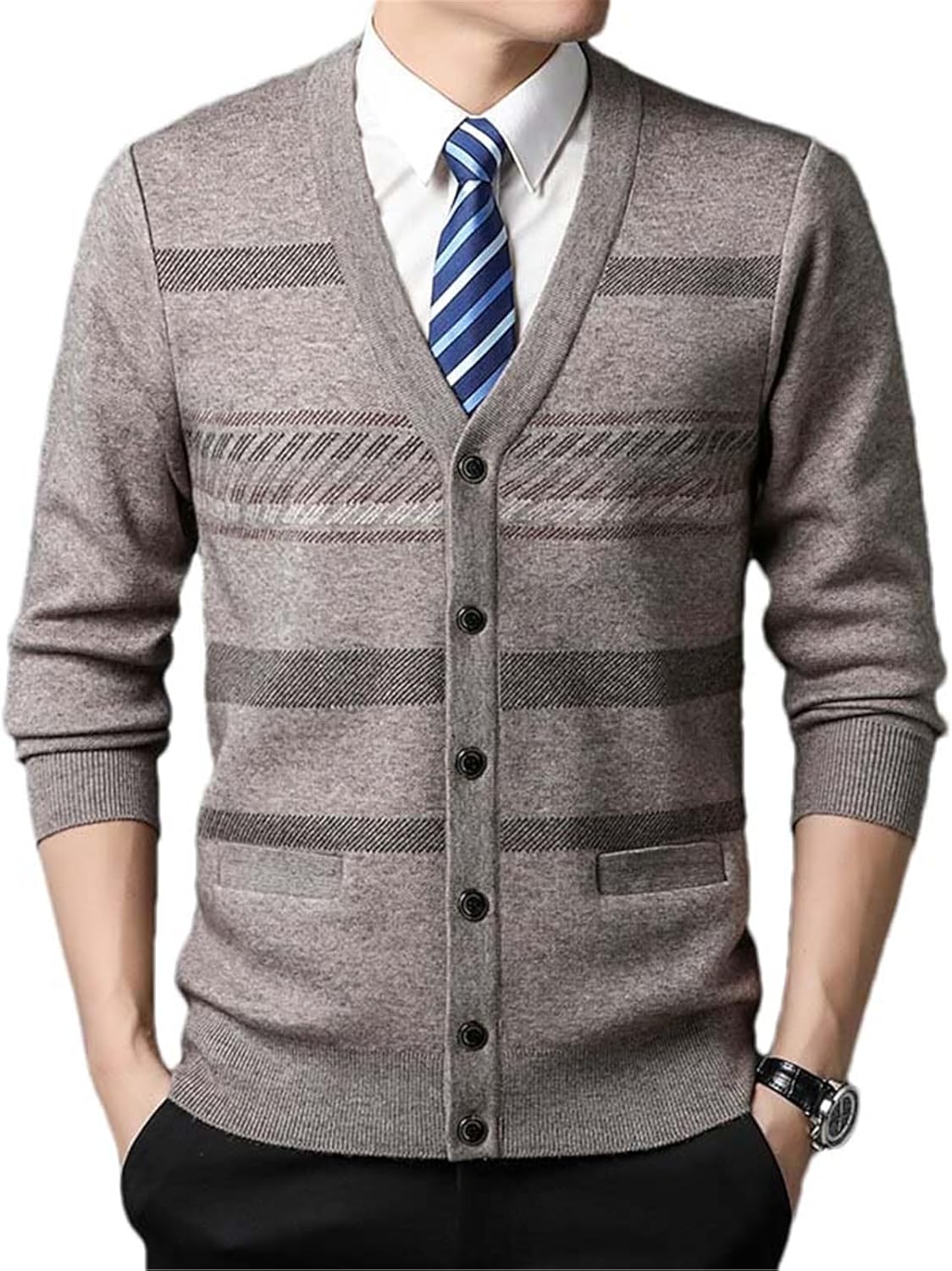 ZMIN Autumn Men's Cardigan Striped Plaid Business Casual Buttons Knitted Sweater Ribbed Cuffs For Men