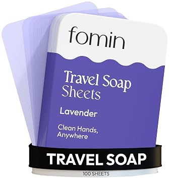 FOMIN - Paper Soap Sheets for Traveling - 100 Lavender Portable Camping Soap Sheets for Travel in Tin - Dissolvable Mini Portable Travel Soap Sheet for Hand Washing