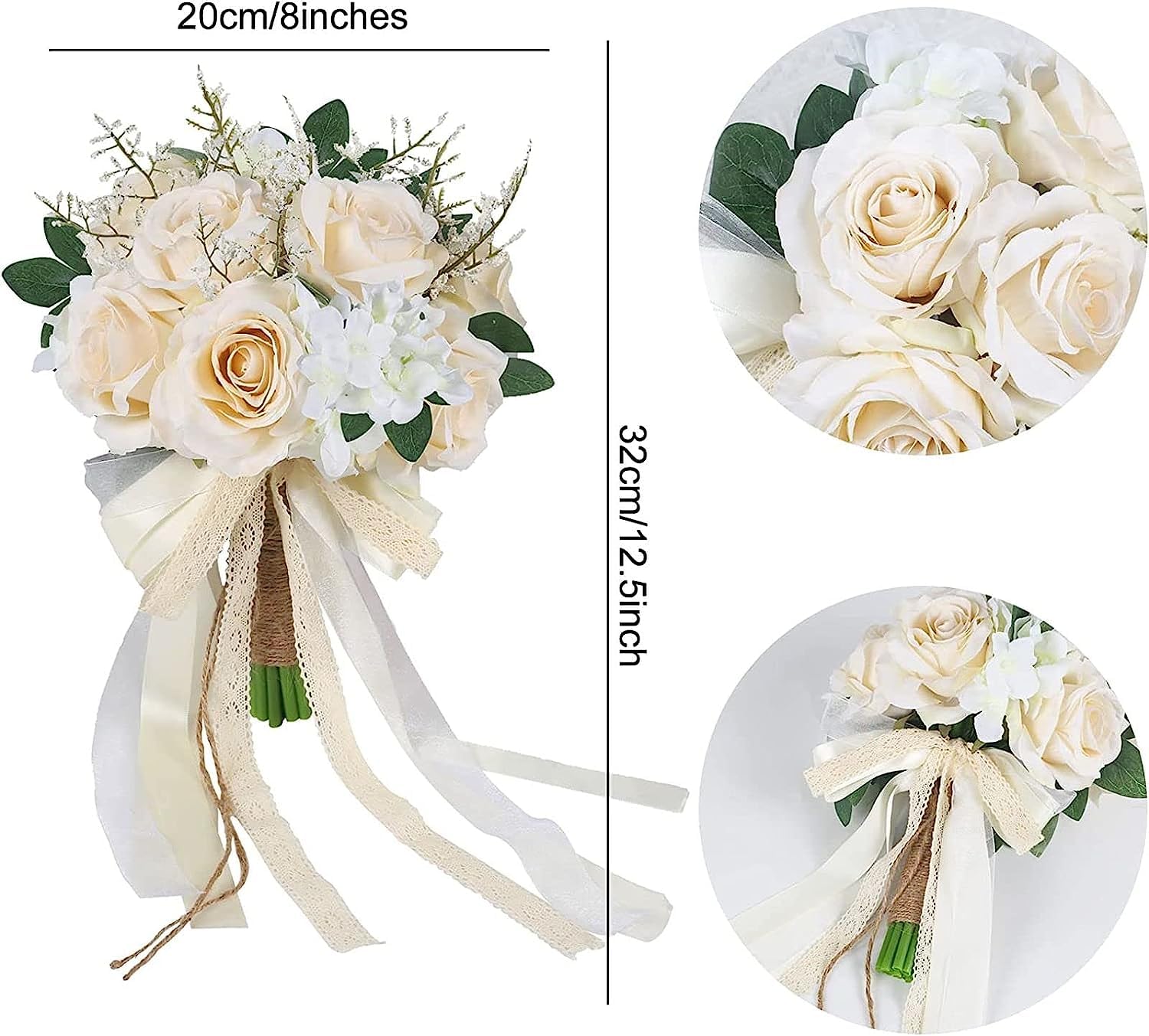 Bouquet de Fleurs avec Support W de 20 cm, Bouquet de mariée avec Roses artificielles Champagne, Bouquet de Demoiselles d'honneur, cérémonie d'anniversaire, Mariage