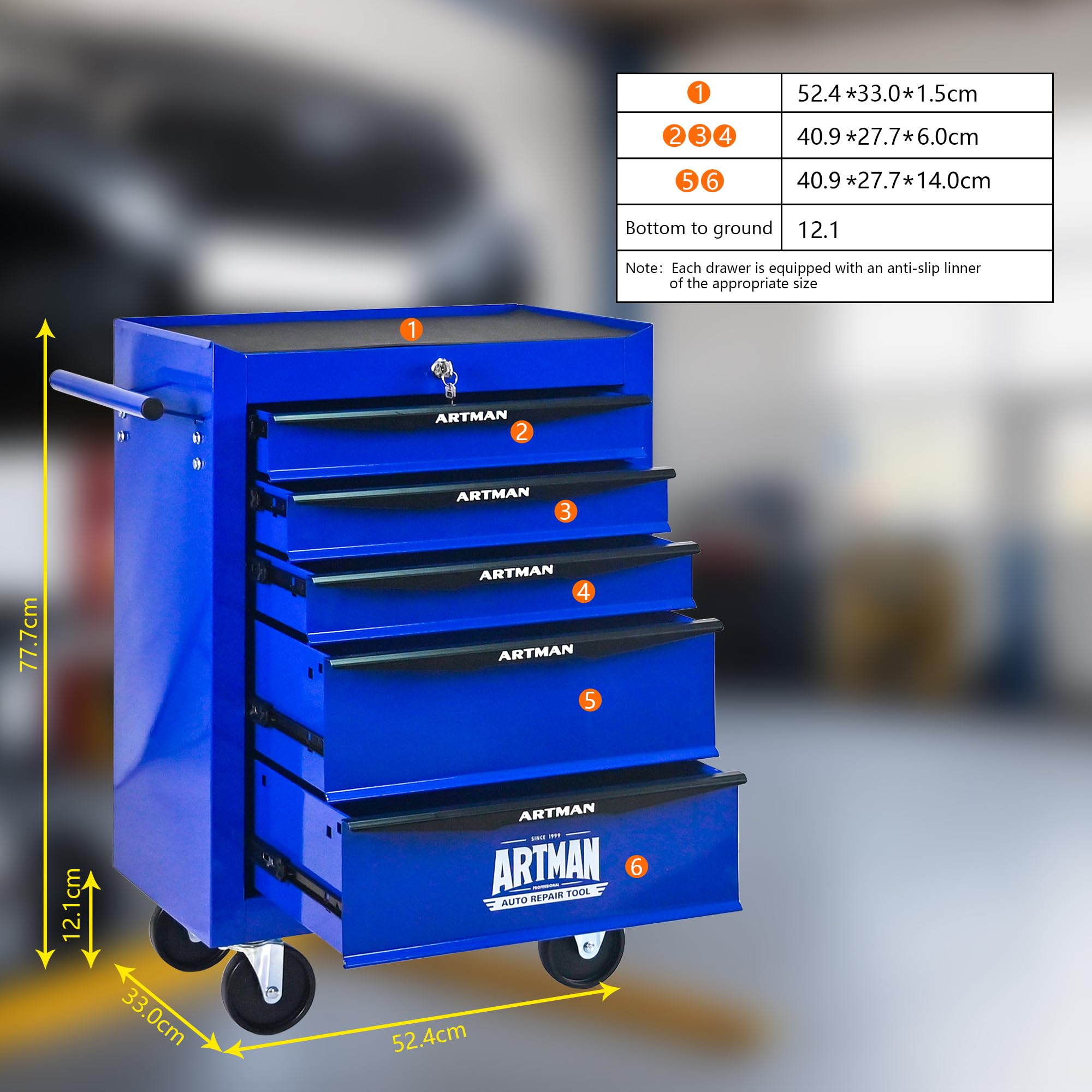 Generisch Robusto carrello portautensili con 5 cassetti con cuscinetti a sfera e 4 ruote girevoli, in acciaio, per garage e officina, colore nero/blu