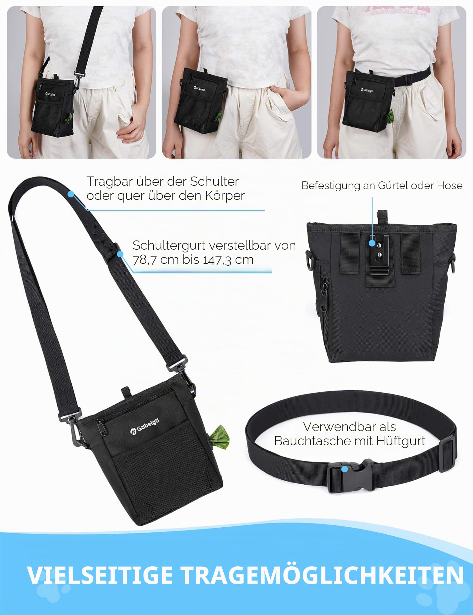 Gobeigo【Version mit Silikon-Einsatz】Hundeleckerli-Beutel mit Trainings-Clicker, 2-facher Magnetverschluss, 2 Tassen Bauchtasche für Spaziergänge mit Kotbeutelspender, Metallgürtelclip und Hüftgurt (L)