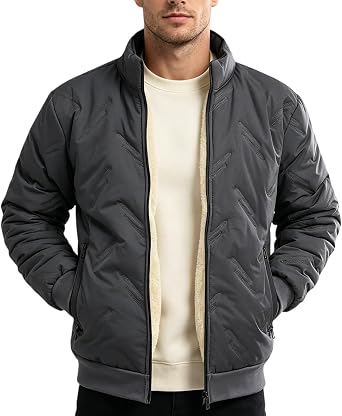 Winter Jacket Men Sherpa Fleece Lined Full Zip Warm Coats Thicken Thermal Diamond Quilted Coat Casual Outdoor Walking Work Bomber Jackets with Pockets