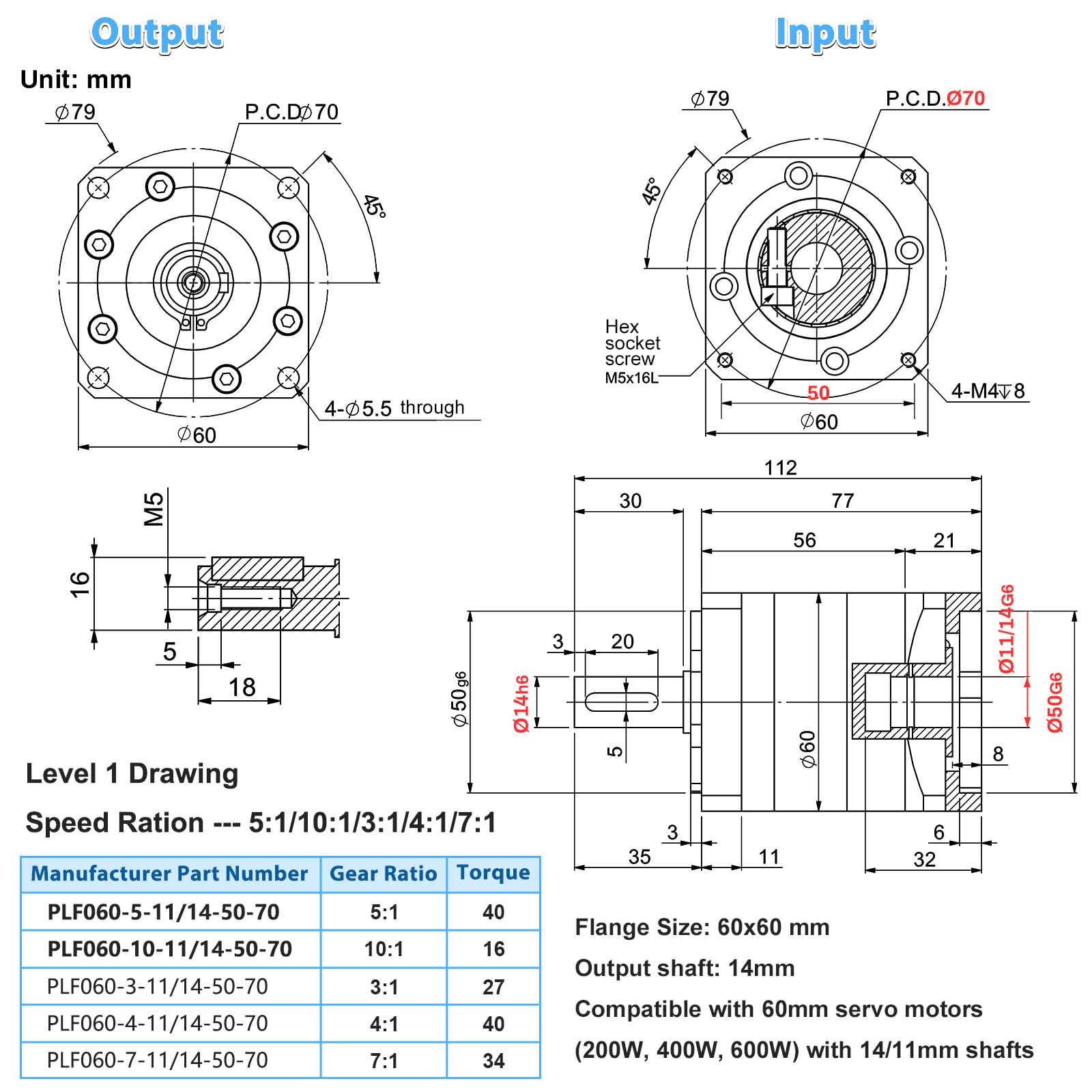 Rapporto di trasmissione 10:1 Riduttore cambio planetario ad alta precisione 4000 giri/min Contraccolpo 7 arc-min per albero da 14mm/11mm Motore servo 200W 400W 60mm per router CNC, tornio da banco
