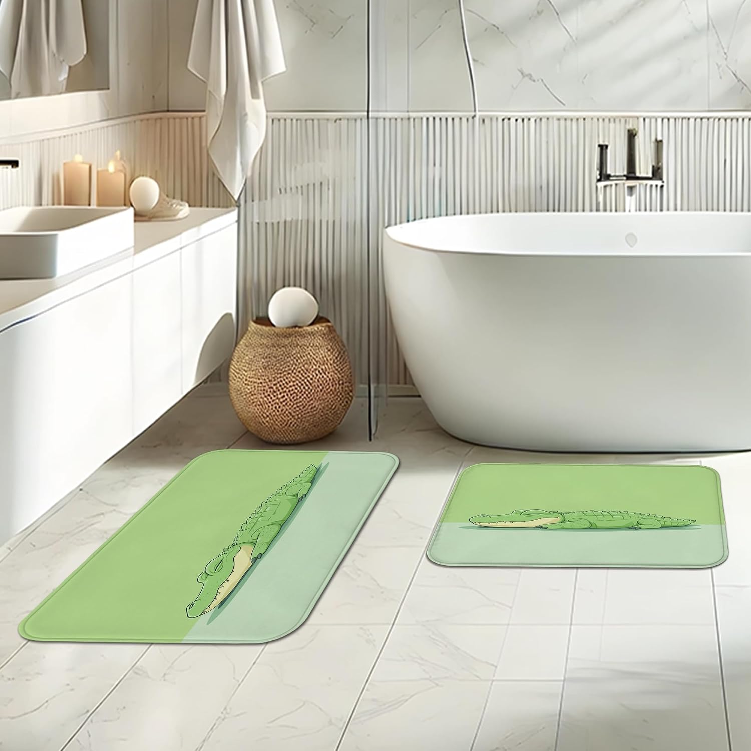 3PCS Cartoon Fun Crocodile Bathroom Accessory Set with Two Non-Slip Washable Bath Rugs (16x24&20x32), Kid Alligator Funny Bathroom Mat Decorative-72''x72'''