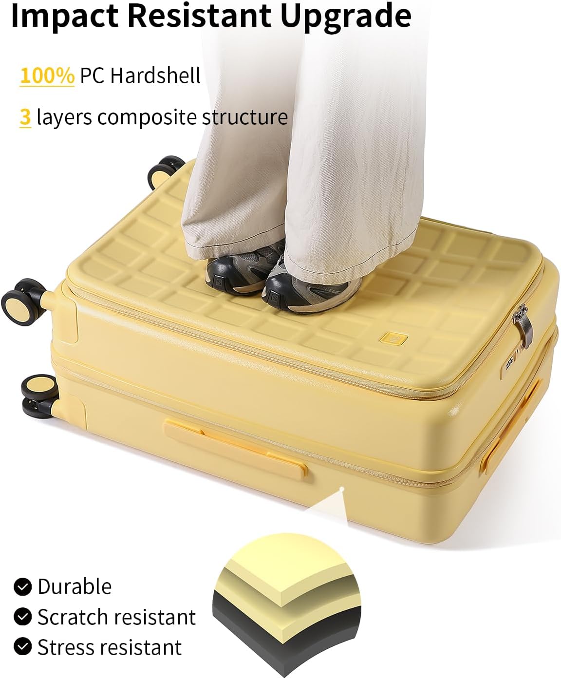 aji Expandable Top Opening Carry On Luggage Airline Approved, 20 Inch Lightweight Hardside Carry On Suitcase with Spinner Wheels, Travel Luggage with Laptop Compartment for Women Men, Cheese Yellow - Image 6