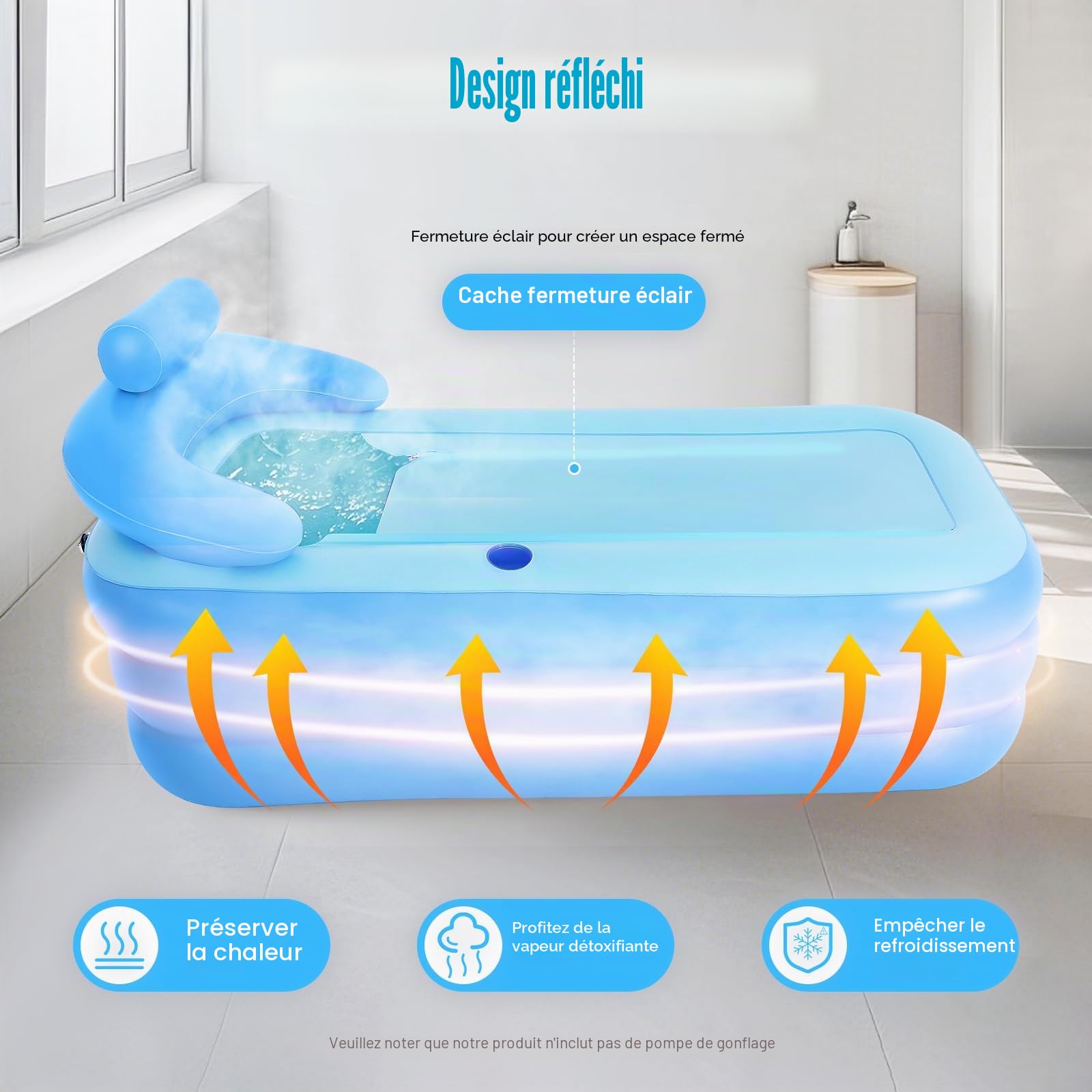 Baignoire gonflable avec oreiller gonflable, dossier ergonomique et accoudoirs, baignoire pliable pour l'extérieur, pour la maison, la terrasse et les jardins