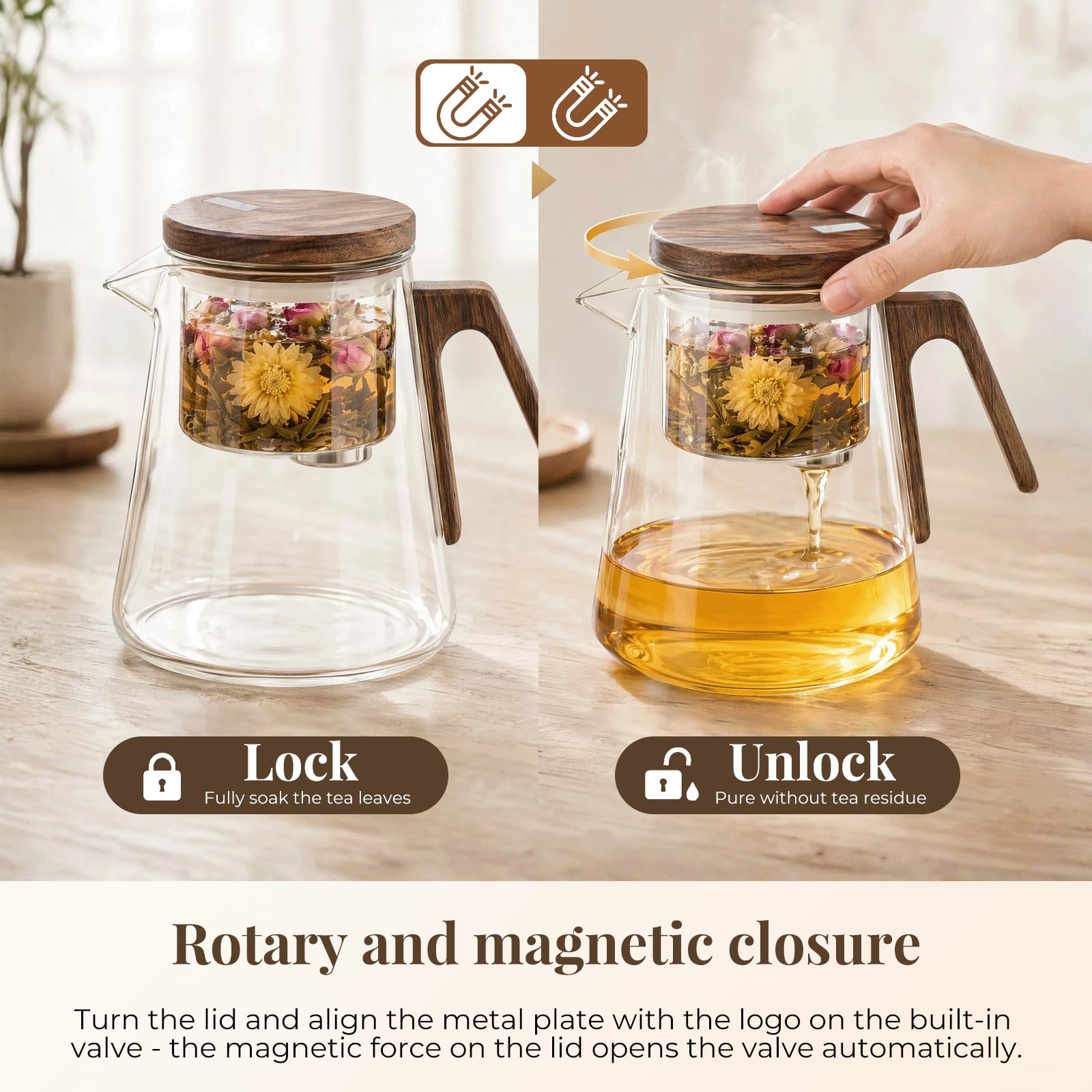 Magic Théière en Verre avec Passoire, Theiere en Verre avec Couvercle à Succion Magnétique et Manche en Bois de Noyer, Theiere avec Infuseur pour Thé en Vrac, Service à Thé Maison Bureau
