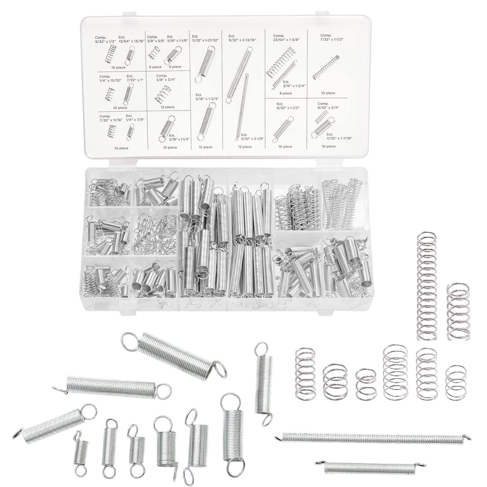 200 Pieces Spring Assortment Kit, 20 Kinds Zinc Plated Steel Coil Spring Wire Metal Extension and Compression Spring Repair Tool Assortment Kit