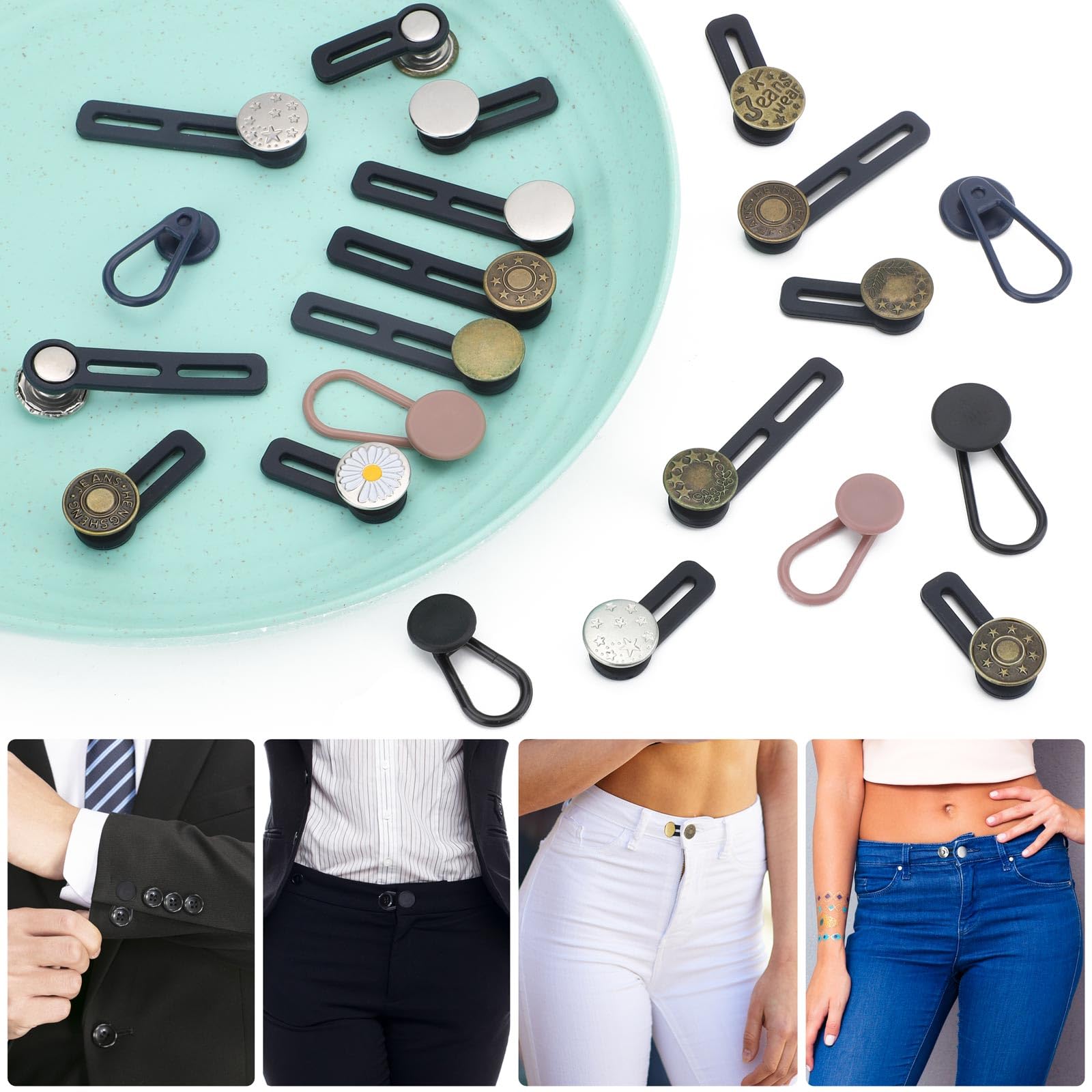 4 Estensori Vita Pantaloni - Allunga Jeans Fino A 5cm, Bottoni Nascosti, No Cucitura