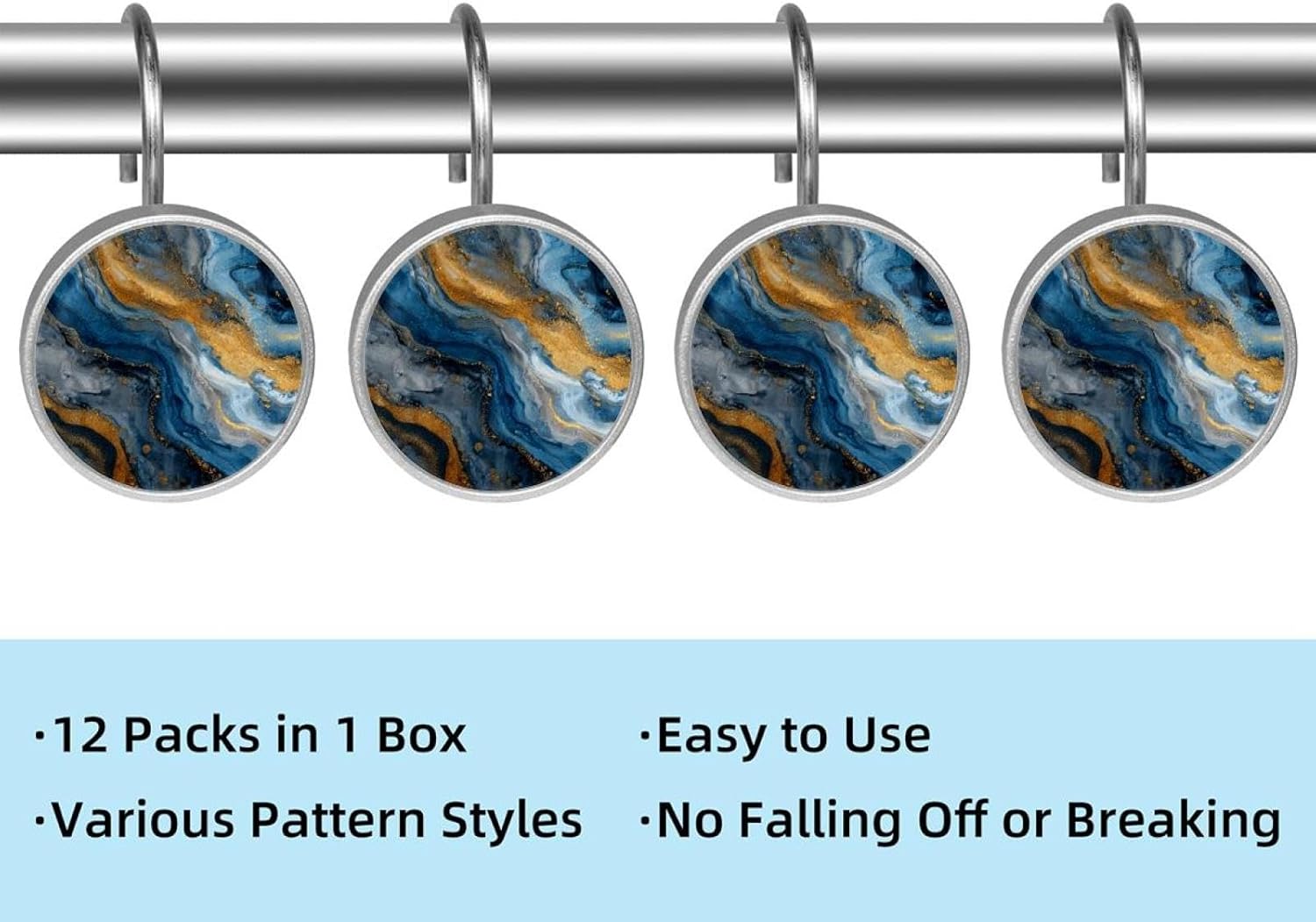 12 Pcs Abstract Blue Gold Marble (1) Shower Curtain Hooks, Rustproof Decorative Metal Round Shower Curtain Hangers Rings for Bathroom Bedroom Living Room Rods
