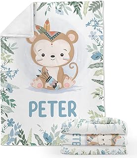 ZouZou Personalized Baby Blankets with Name, Customized Baby Blankets for Boys- Monkey Baby Blanket, Best Gift for Baby, Newborn, New Mom, Super Soft Plush Fleece, 30 x 40 inch
