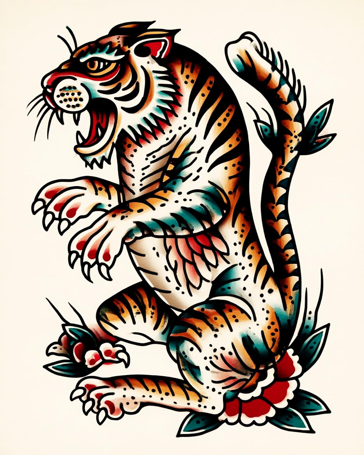 Liubaishi Multicolour Paint By Numbers For Adults, Diy Acrylic Painting Kit, Roaring Tiger Traditional Tattoo Design, 40X50 Cm Linen Canvas With Brushes And Paints