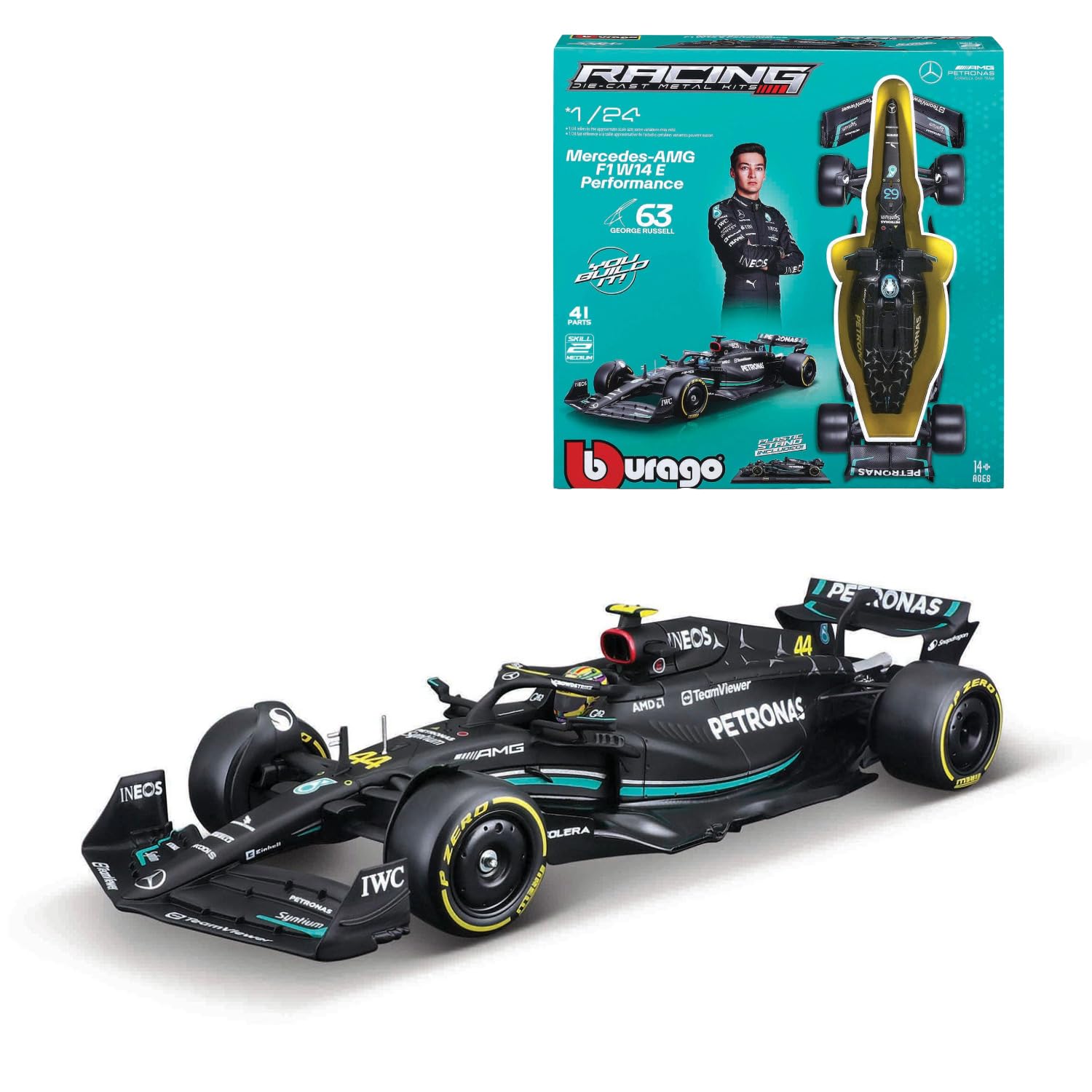 Bburago Formula 1 Kit Mercedes AMG W14E (2023): Model Car Kit in Scale 1:24, 44-Piece from Driver #44 Lewis Hamilton, Window Box, 27 cm, Black (18-28506)