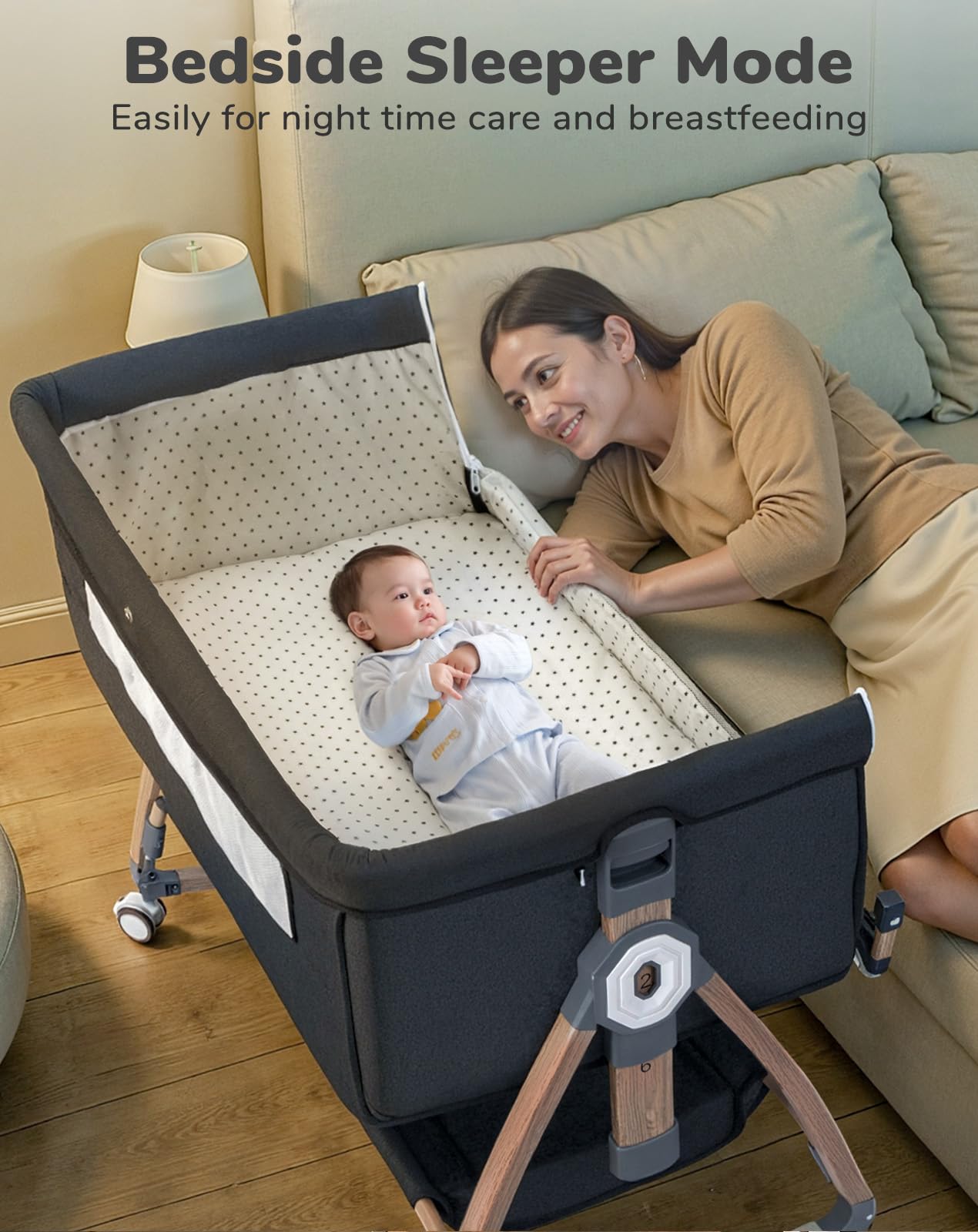 COMOMY Bassinet nocny 3 w 1 z kółkami, łóżeczko Next to Me, ciemnoszary