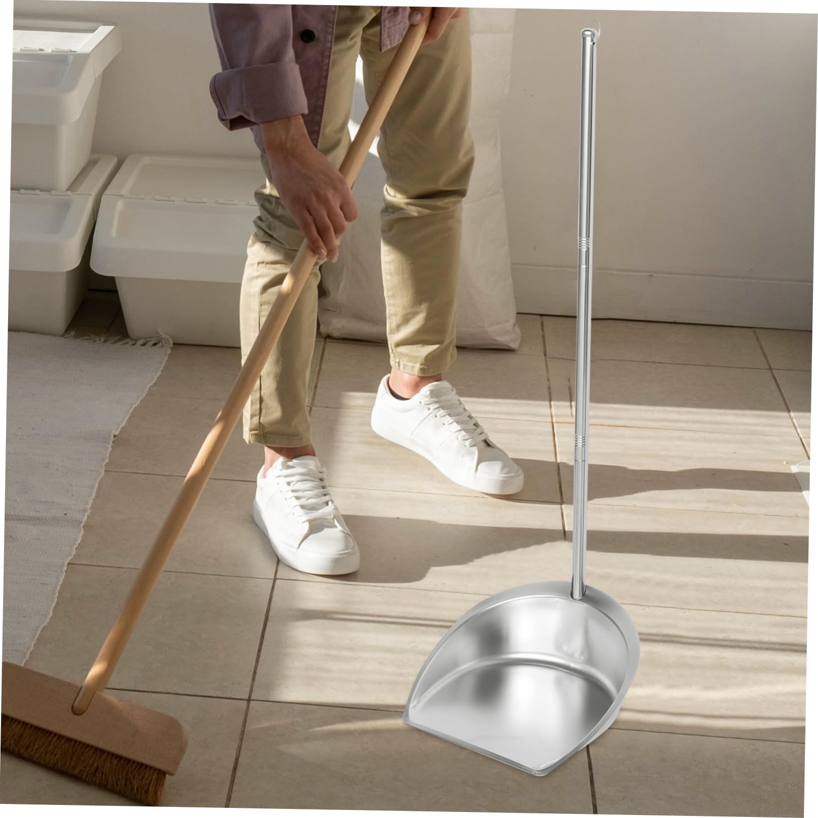 Recogedor de Basura de Acero Inoxidable con Mango Largo | Plata, Apertura Amplia y Diseño Vertical, Ligero Gran Capacidad para Casa y Cocina