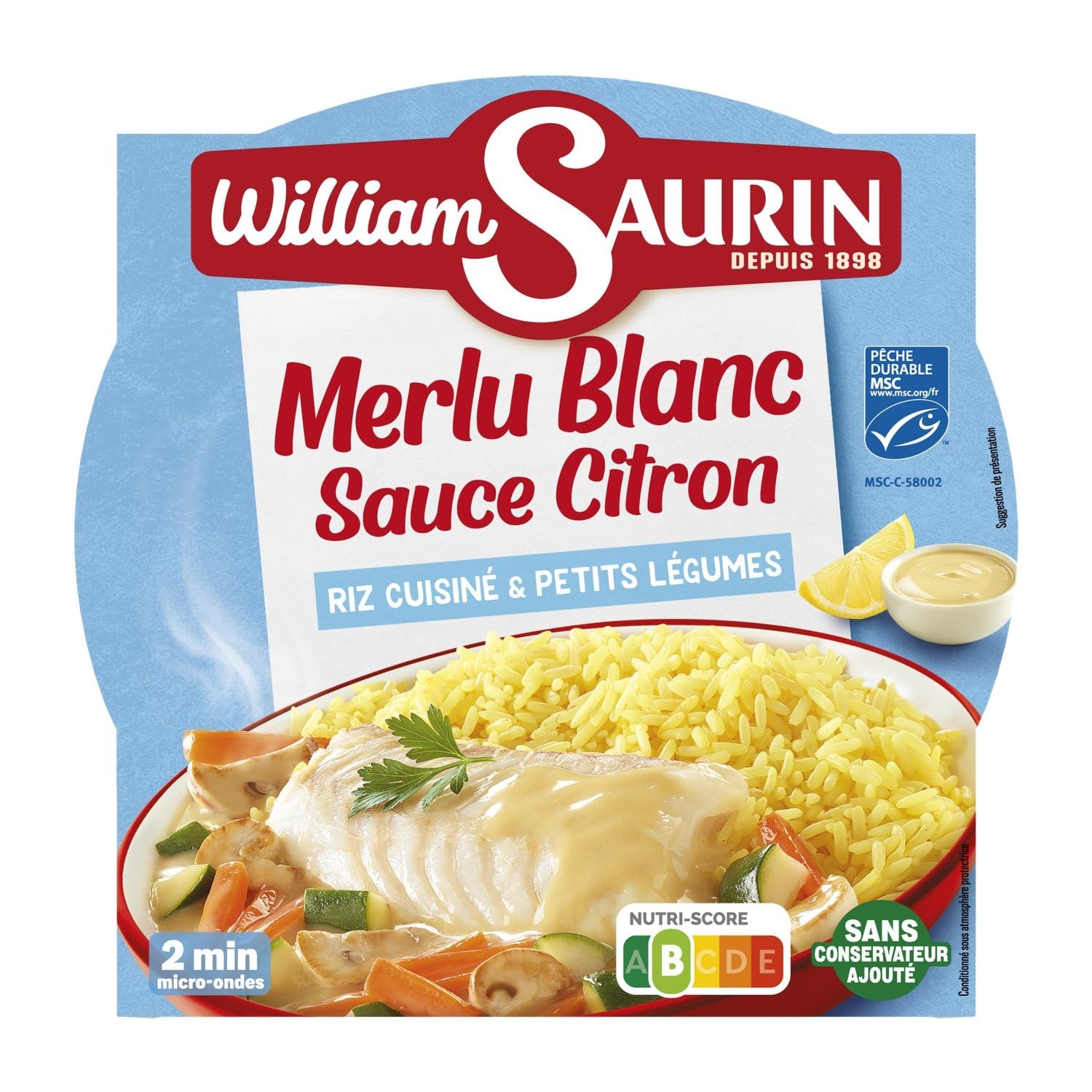 WILLIAM SAURIN – Plat Cuisiné Saveur Merlu Blanc et Sauce Citron, Riz Fondant en Barquette 300g - lot de 4 - Vendu par Lot