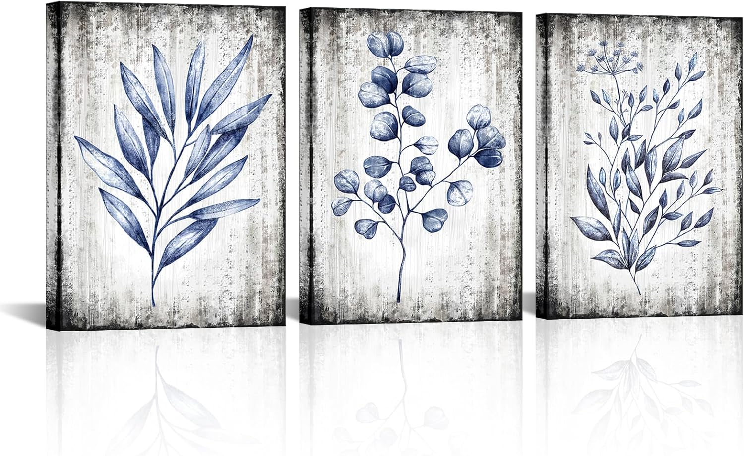Conipit Navy Blue Botanical Painting Rustic Botanical Wall Art Canvas Minimalist Blue White Leaf Plant Artwork Prints Framed For Living Room Bedroom Wall Decor 12''X16''X3pcs