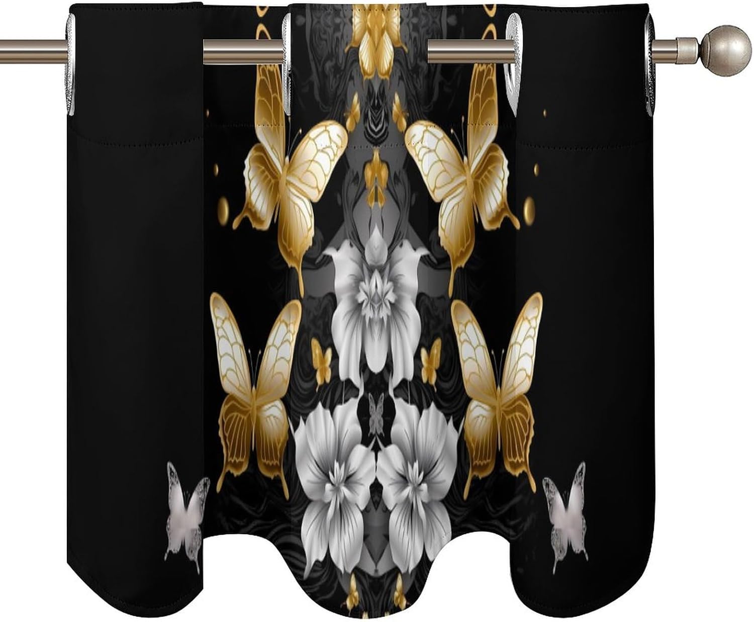 Small Window Curtains, Gold White Butterflies Black Printed Mini Window Curtains Valance, Pocket Window Curtains are Suitable for Homes, Offices, Farmhouses, and Restaurants