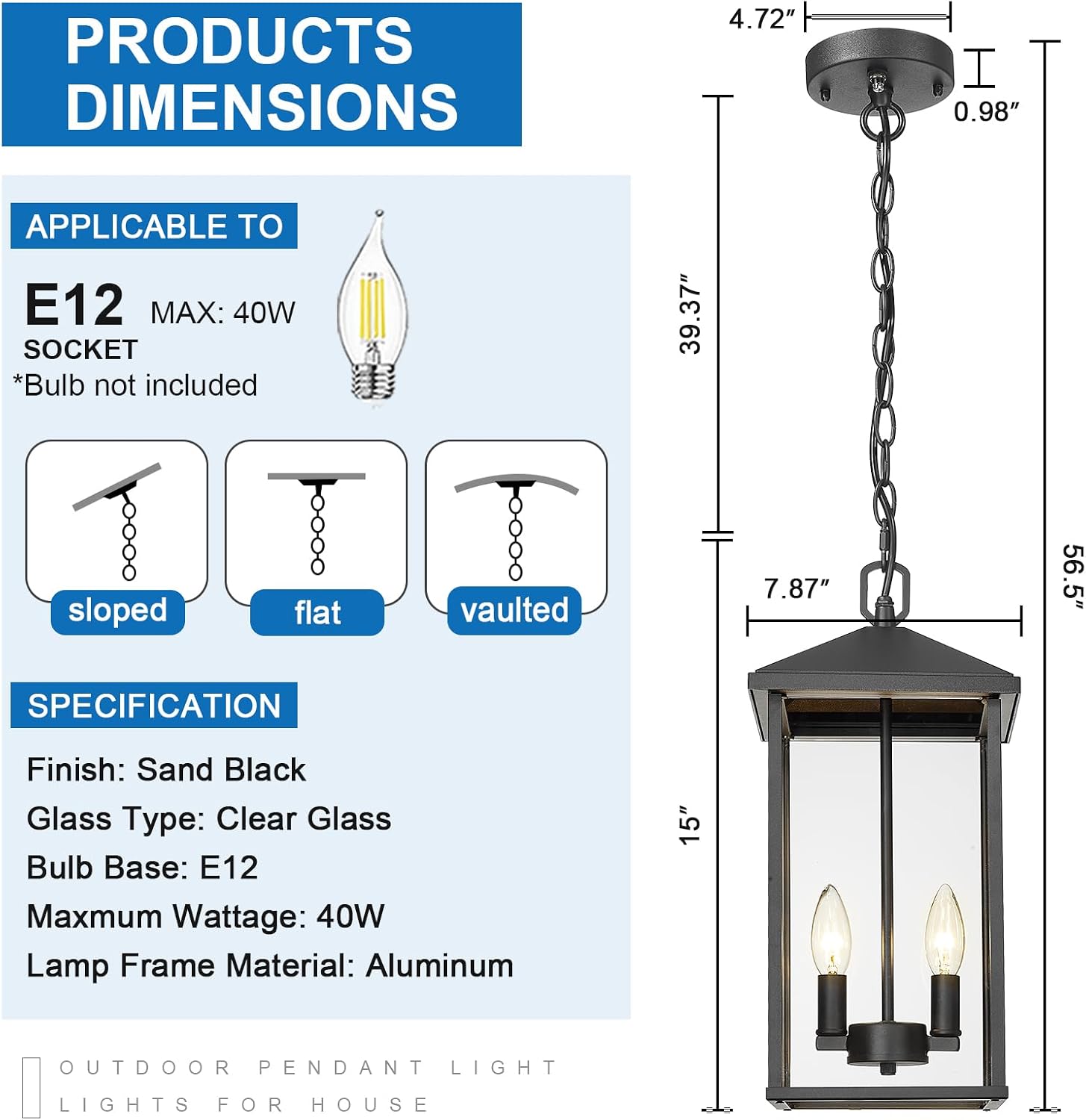 Large Outdoor Pendant Light Matte Black Hanging Light Fixture Ceiling Mount 2-Light, Dusk to Dawn Modern Large Outdoor Chandelier with Clear Glass Exterior Pendant Lights for Porch Patio